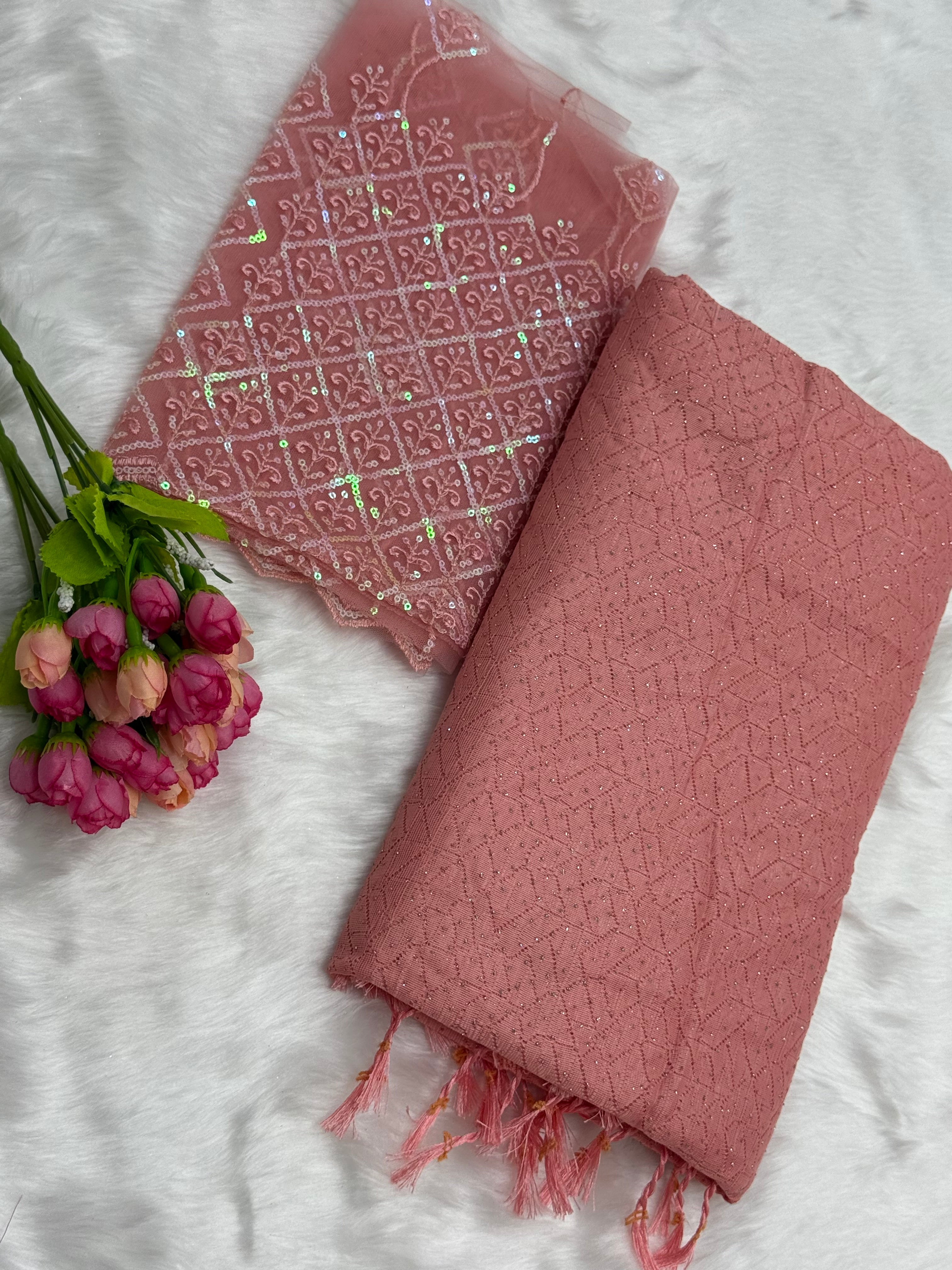 NETTED GEORGETTE SAREE WITH BLOUSE PIECE - PEACHY PINK