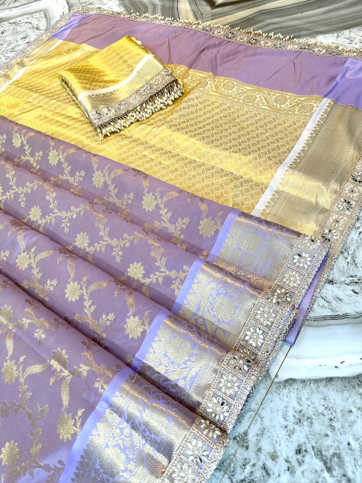 GRAND LACE WORK BANARASI TISSUE SILK SAREE - LAVENDER