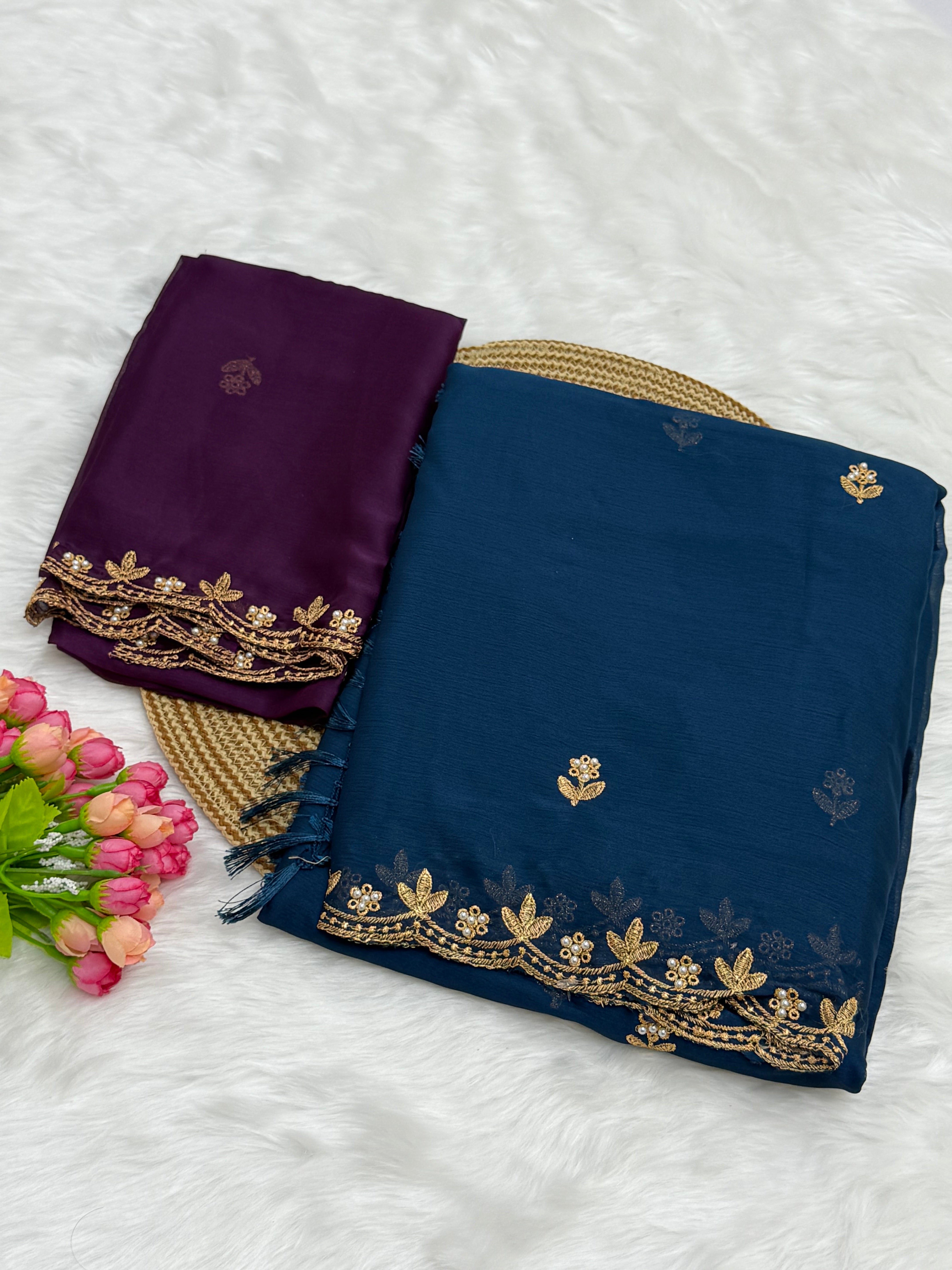 DESIGNER GEORGETTE SAREE WITH A BLOUSE PIECE - PEACOCK