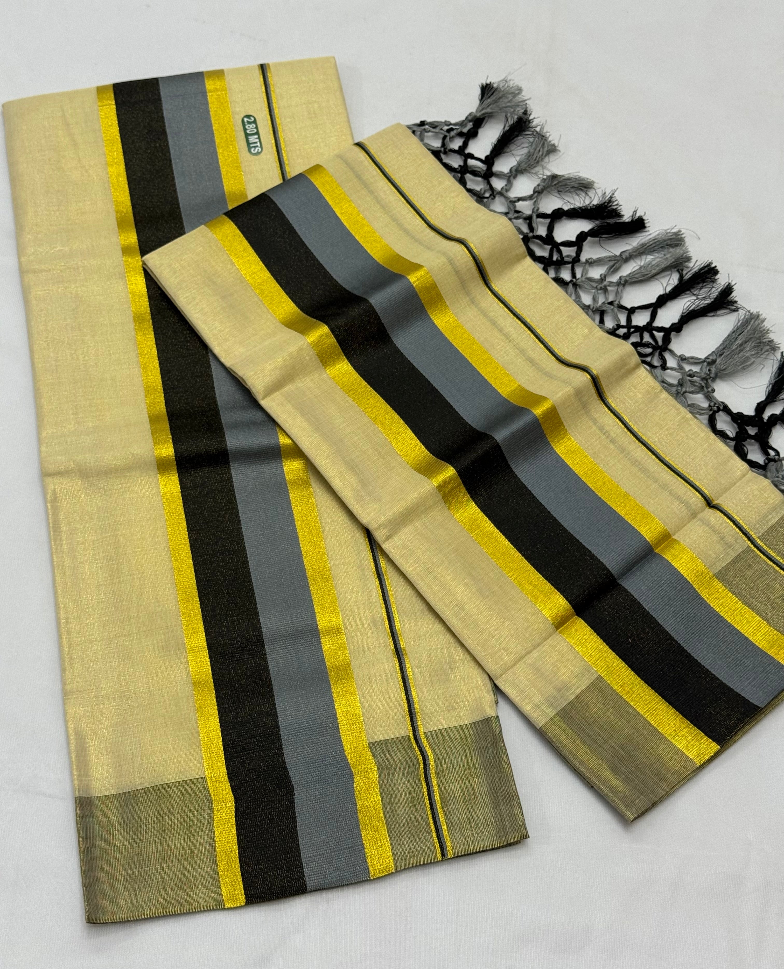 TISSUE SINGLE SET MUNDU (MUNDUM NERIYATHUM) WITH KARA BORDER - 2 X 2.80 MTRS - (CREAM,MULTI)