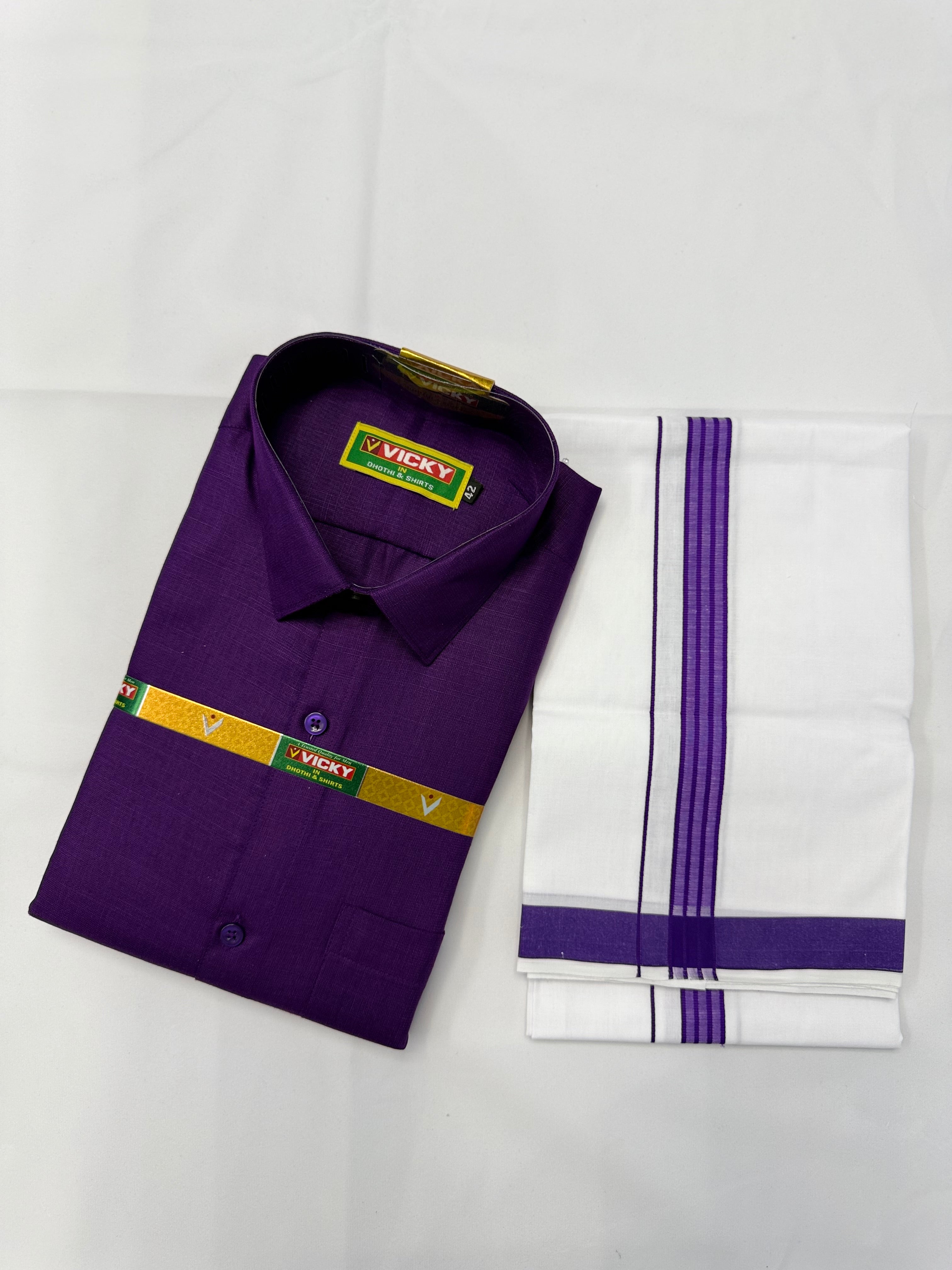 MEN'S MATCHING FANCY BORDER SINGLE DHOTI & SHIRT SET - PURPLE