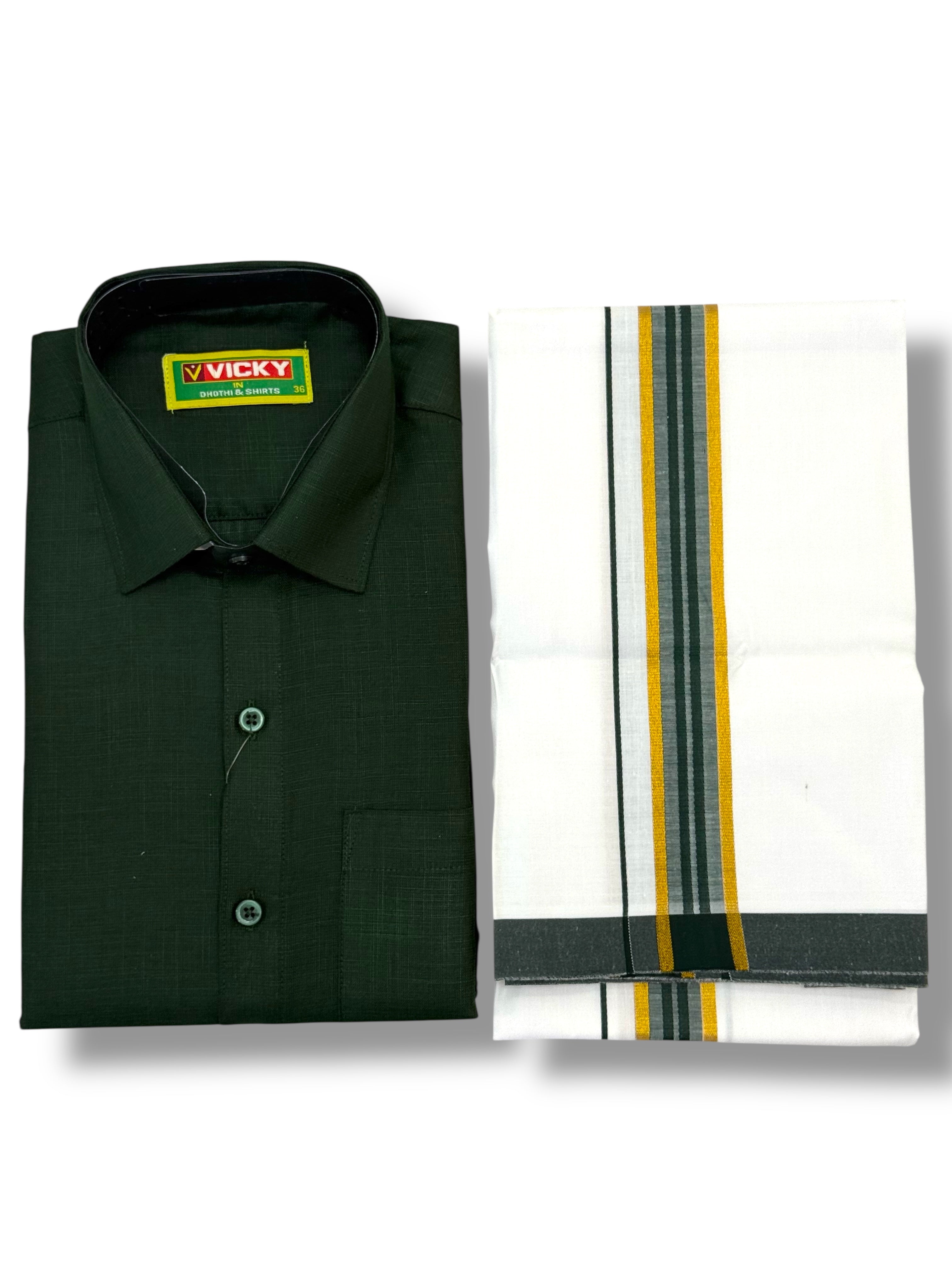 MEN'S MATCHING FANCY BORDER SINGLE DHOTI & SHIRT SET - DARK GREEN