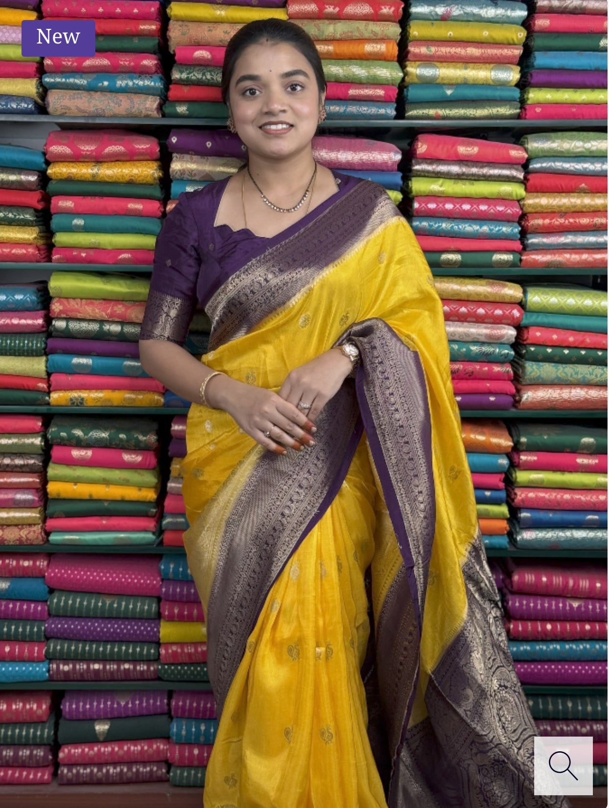 RUSSIAN CREPE PEACOCK BUTTI YELLOW AND PURPLE SAREE