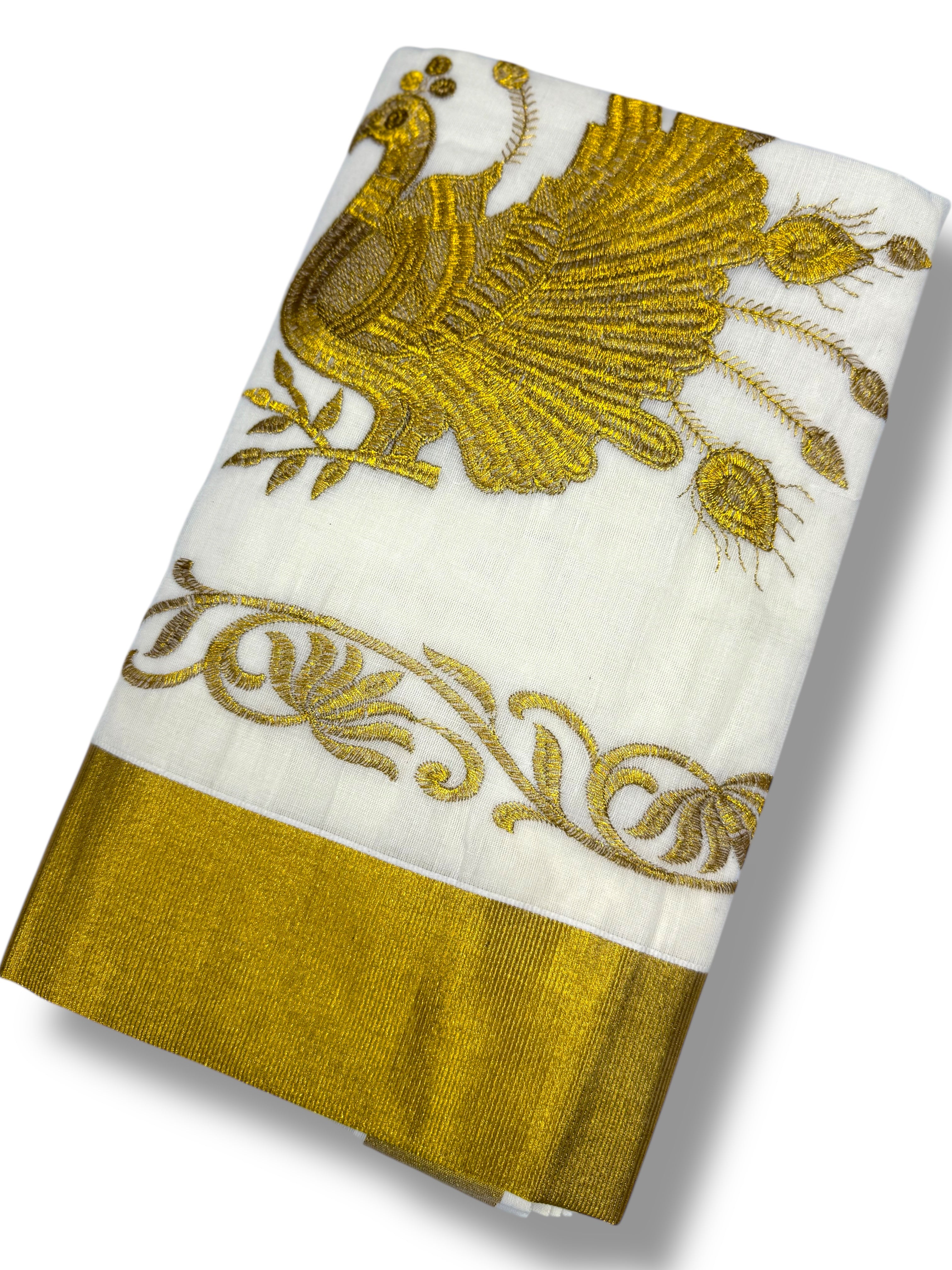 KERALA KASAVU EMBROIDERY COTTON SAREE (BEIGE,GOLD)