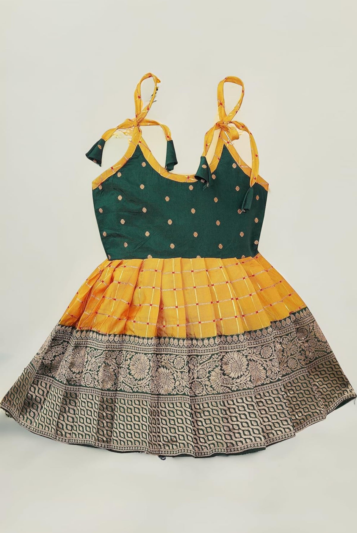 BABY GIRLS PATTU PAVADAI TAPETA SILK FROCK - GREEN & YELLOW