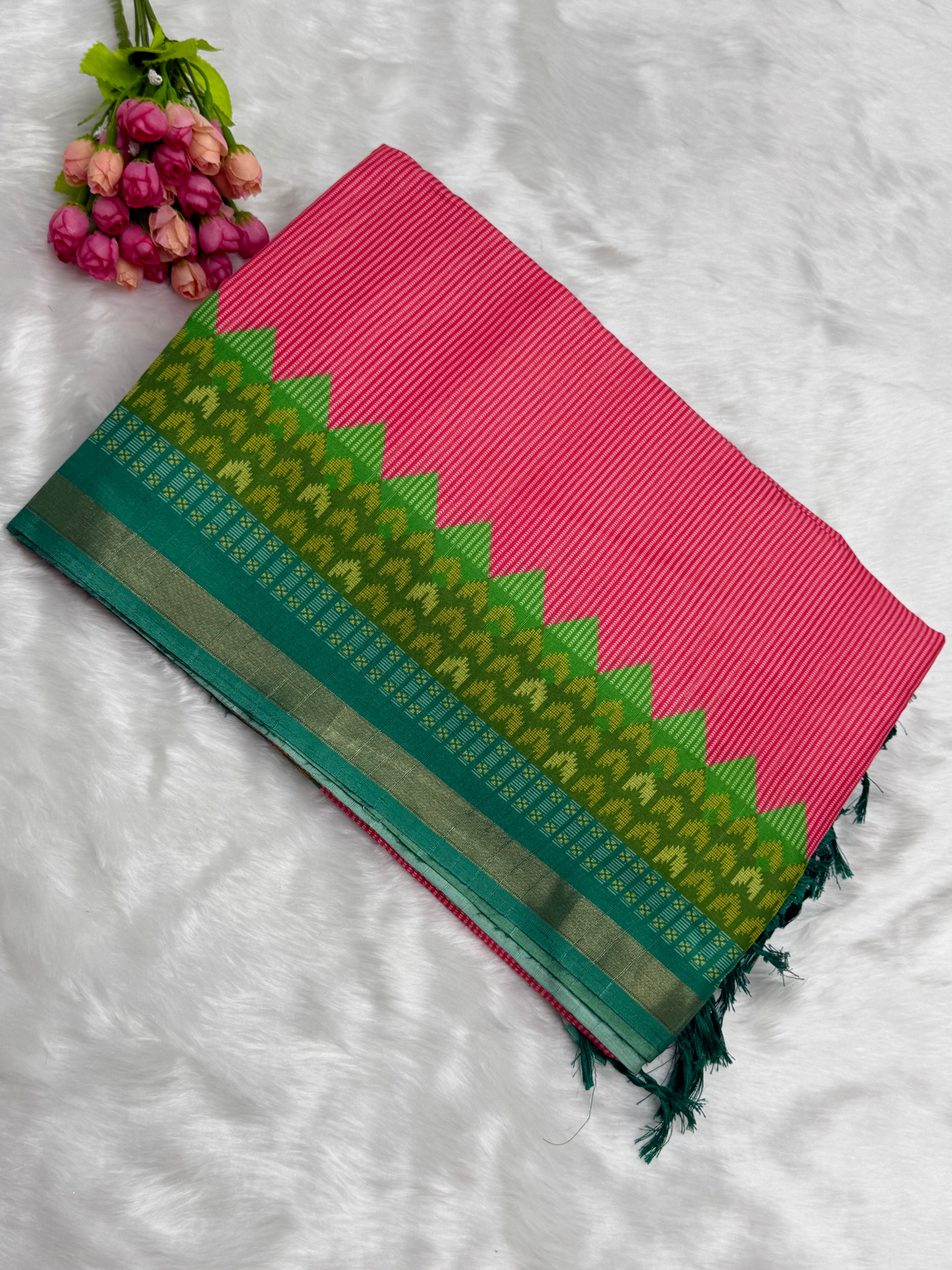 TRADITIONAL DOLLA SAREE WITH CONTRAST IKAT BORDER - PINK
