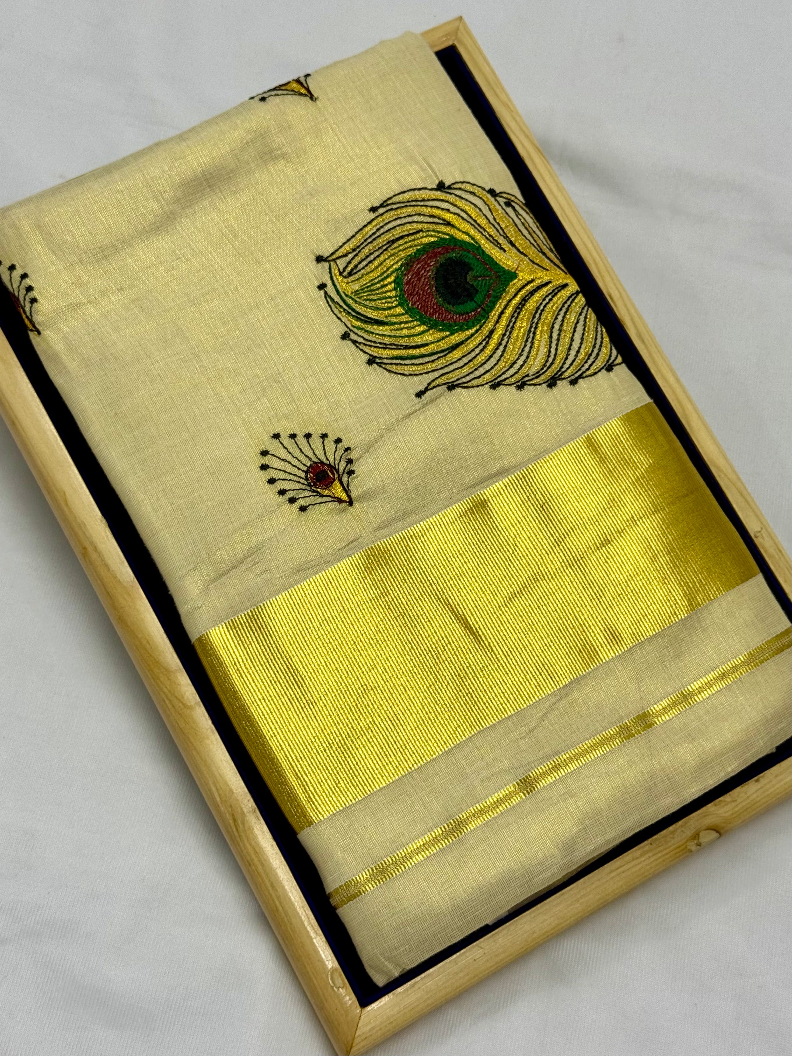 KERALA KASAVU TISSUE SILK EMBROIDERY SAREE - (GOLD,CREAM)
