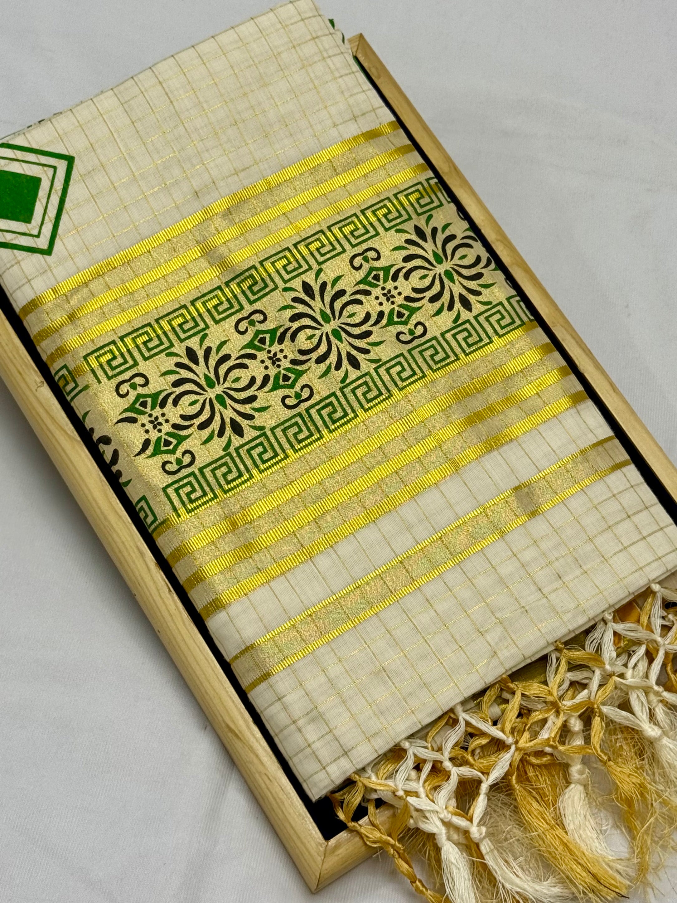 TRADITIONAL PRINTED KASAVU TISSUE CHECKED SAREE (OFF WHITE,GOLD,GREEN)