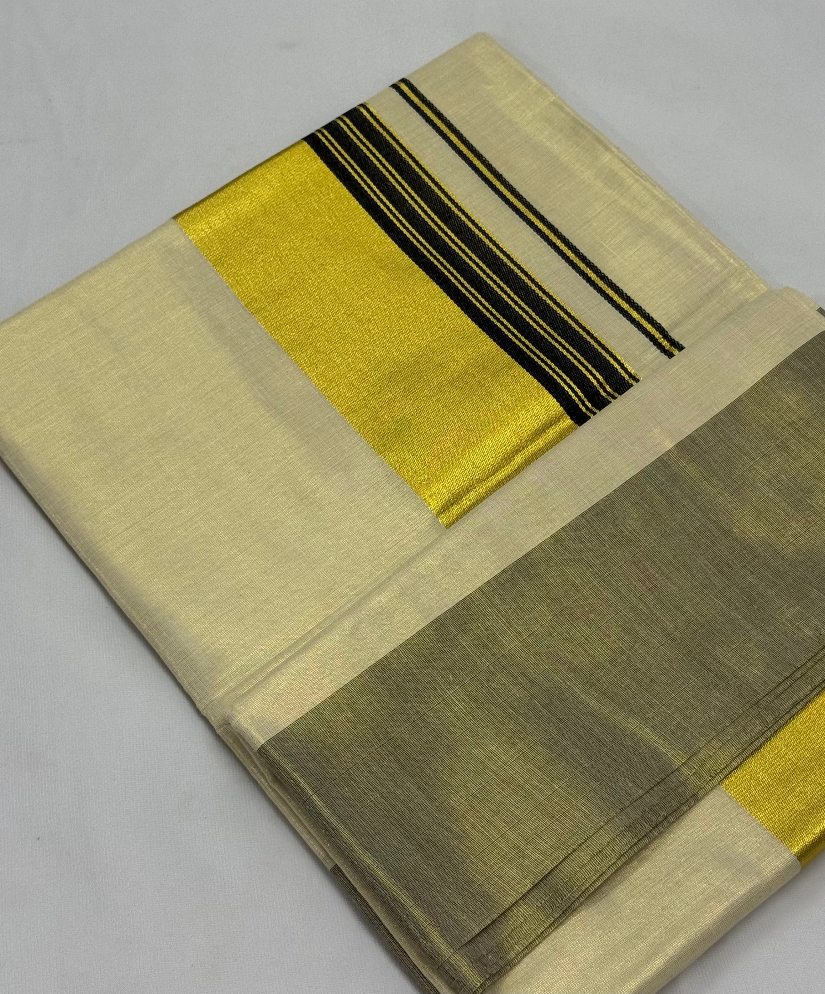 PREMIUM KERALA KASAVU TISSUE STRIPES SAREE - (CREAM,GOLD,BLACK)