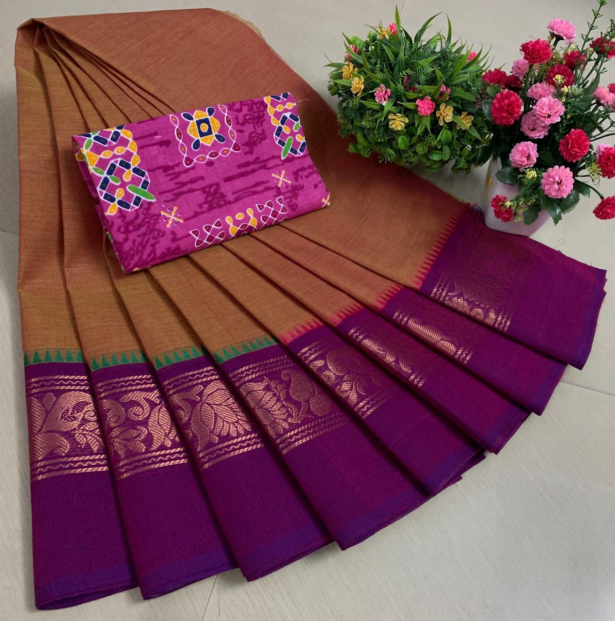 PURE KANCHI HANDLOOM COTTON SAREES - OCHRE YELLOW