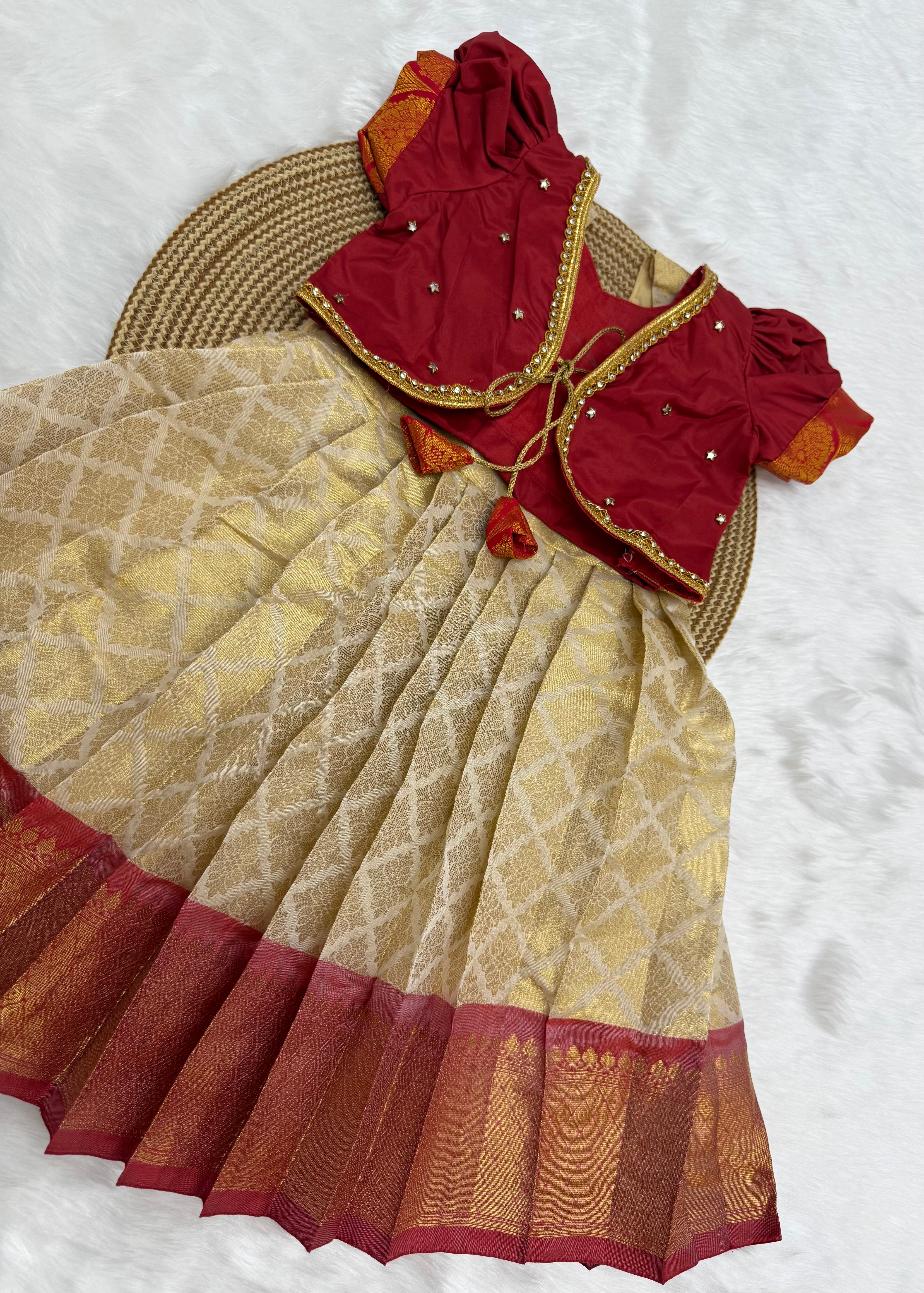 CREAM & GOLD PATTU PAVADAI WITH MAROON BLOUSE | KIDS TRADITIONAL SILK DRESS