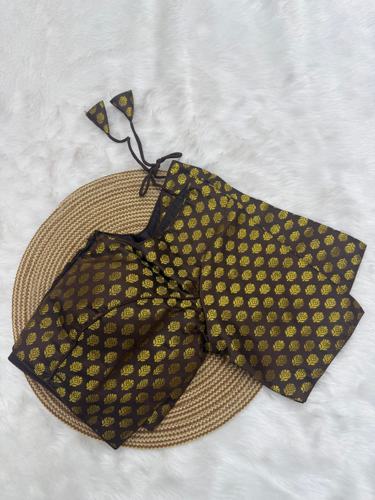 DESIGNER JACQUARD READY TO WEAR SAREE BLOUSE - BROWN