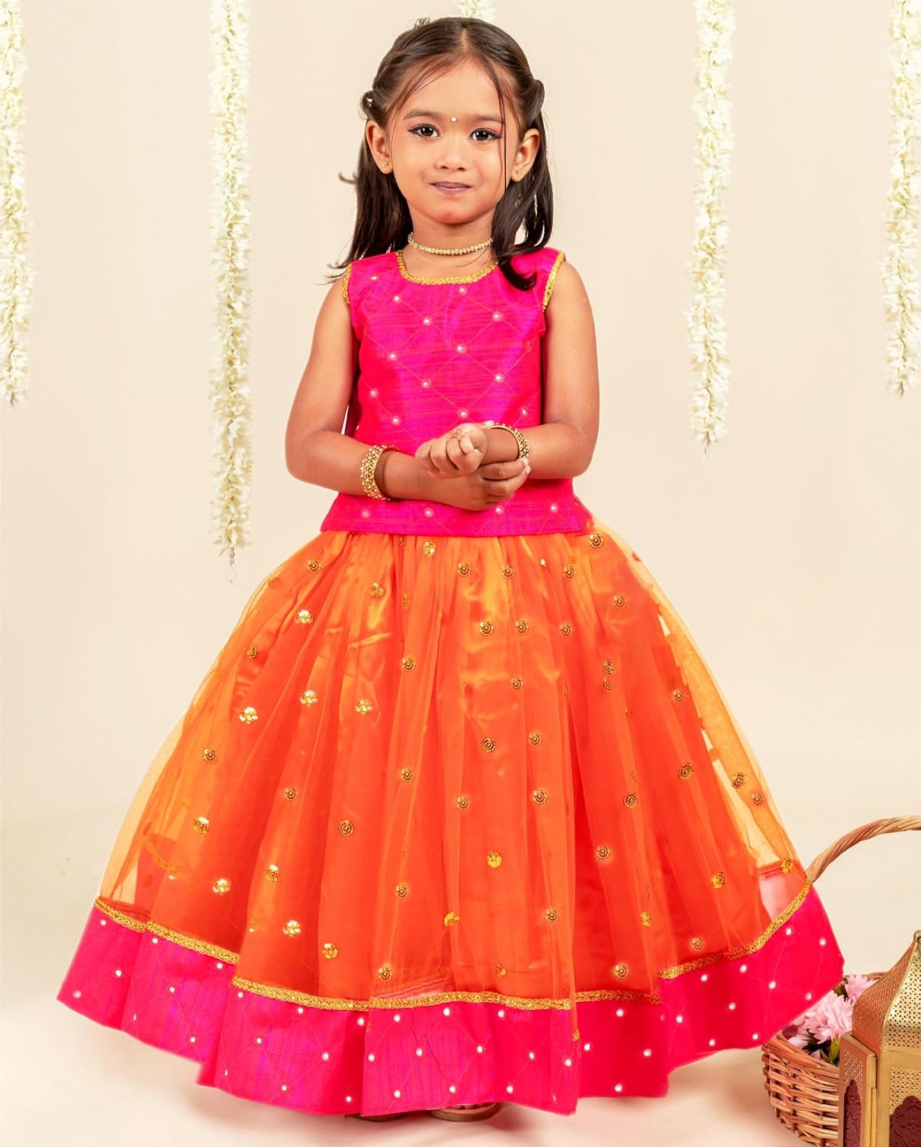 KIDS GIRLS FLARED NET SLEEVELESS LEHENGA CHOLI SET - MAGENTA & ORANGE
