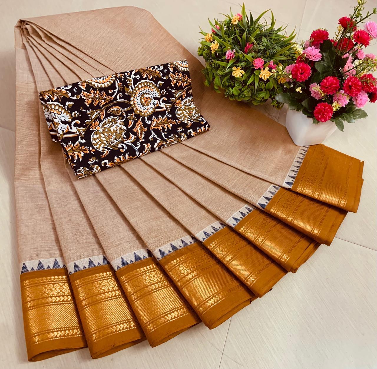 PURE KANCHI HANDLOOM COTTON SAREES - DUSTY BROWN