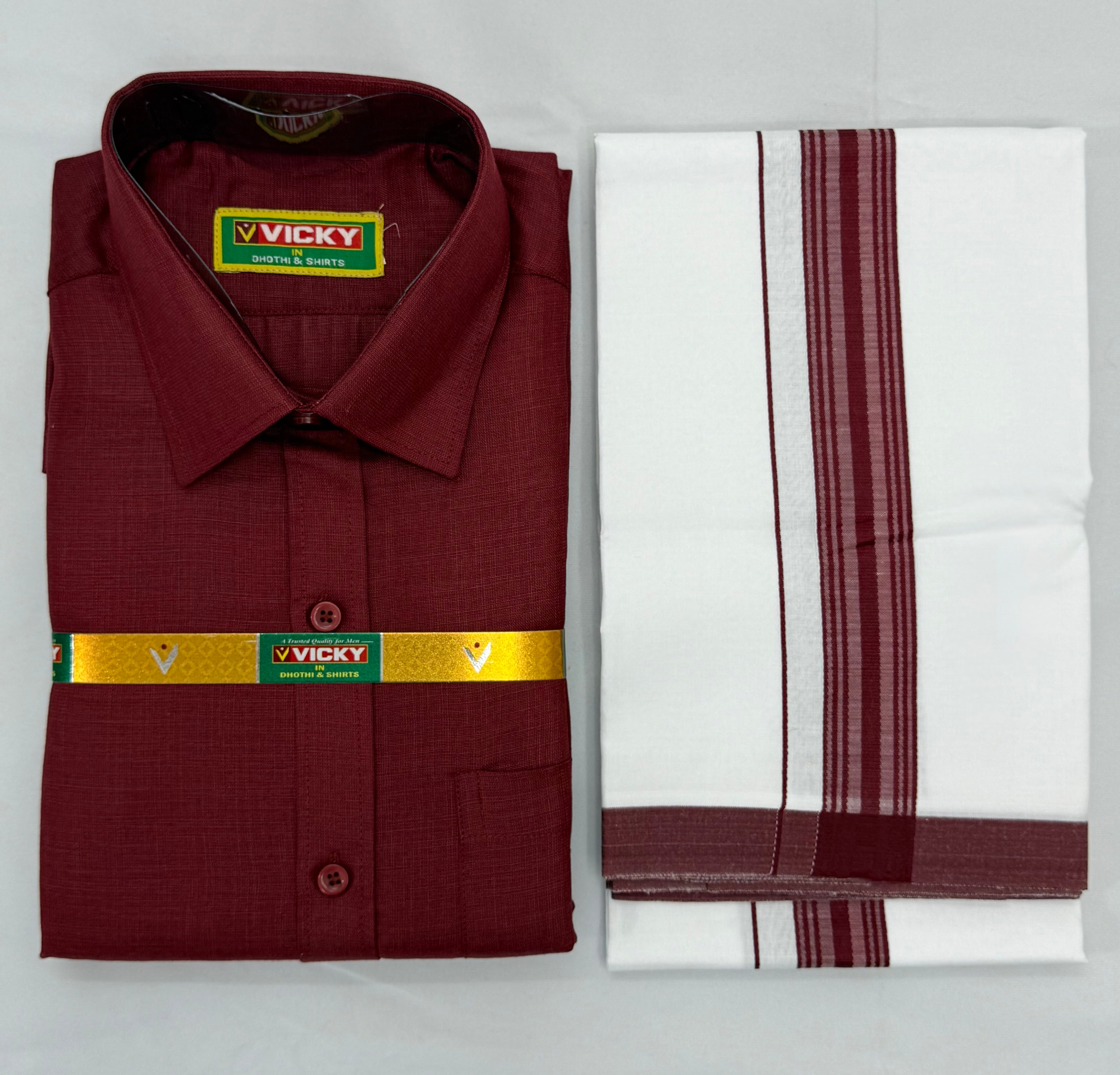 MEN'S MATCHING FANCY BORDER SINGLE DHOTI & SHIRT SET - MAROON