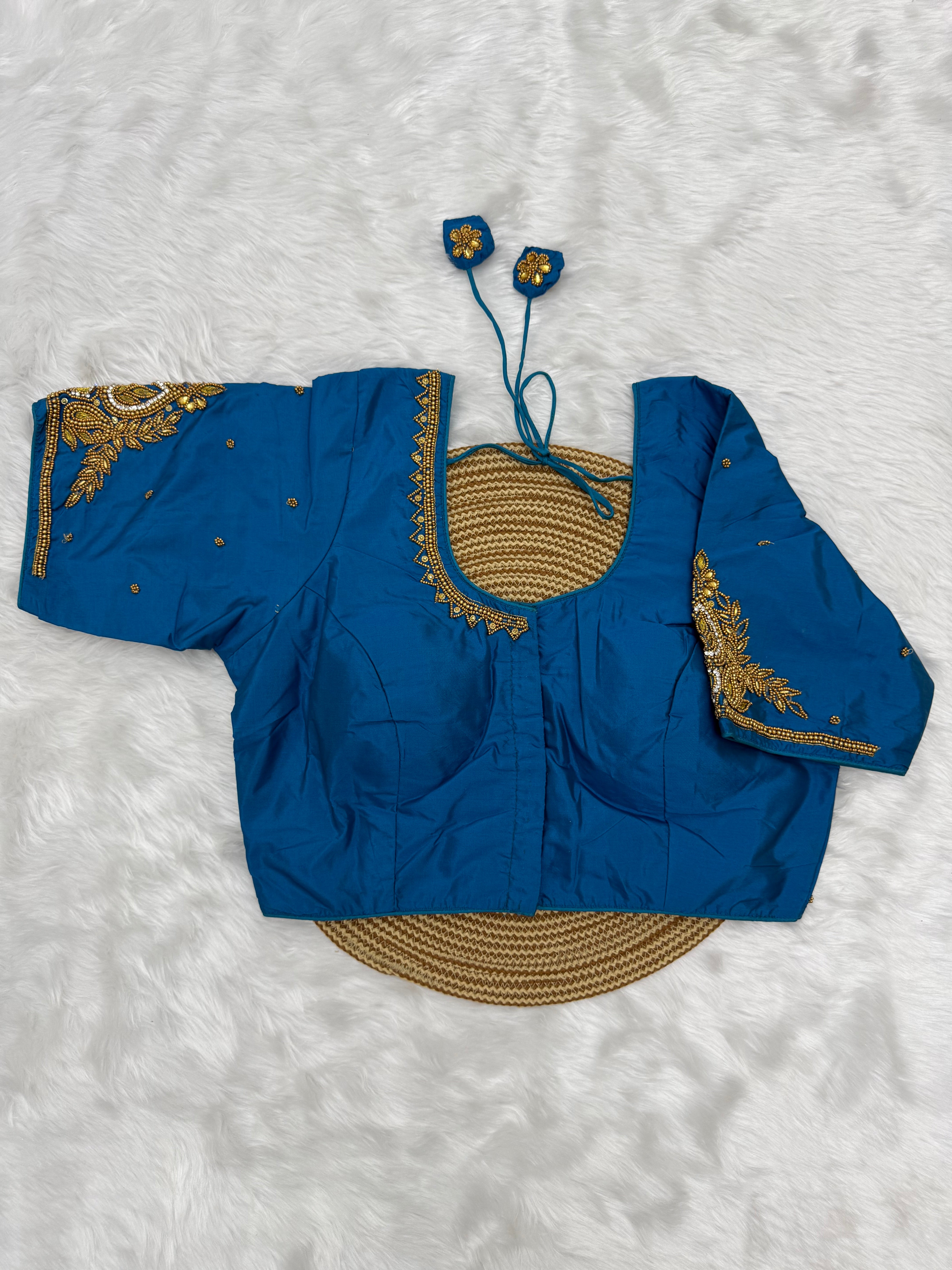 BRIDAL AARI WORK READY TO WEAR SAREE BLOUSE - TEAL BLUE