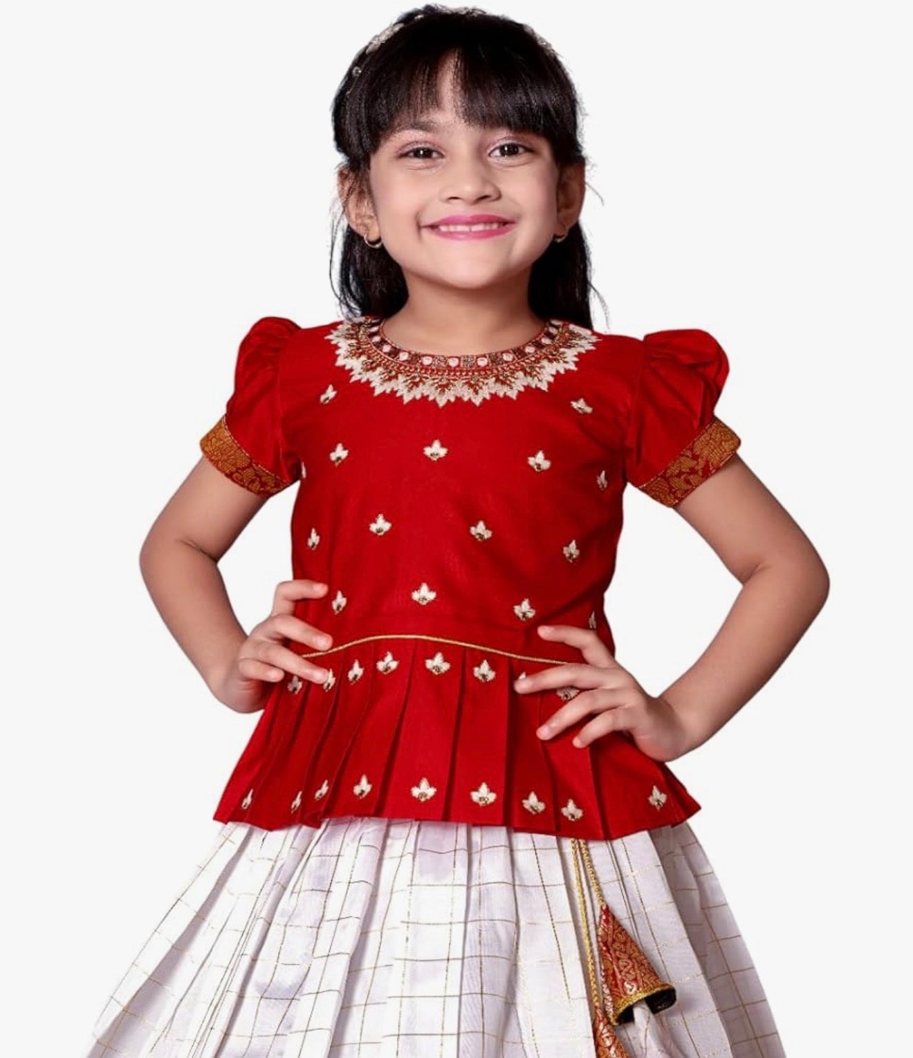 GIRLS SILK BLEND READYMADE PATTU PAVADAI/LEHENGA CHOLI - RED & HALF WHITE