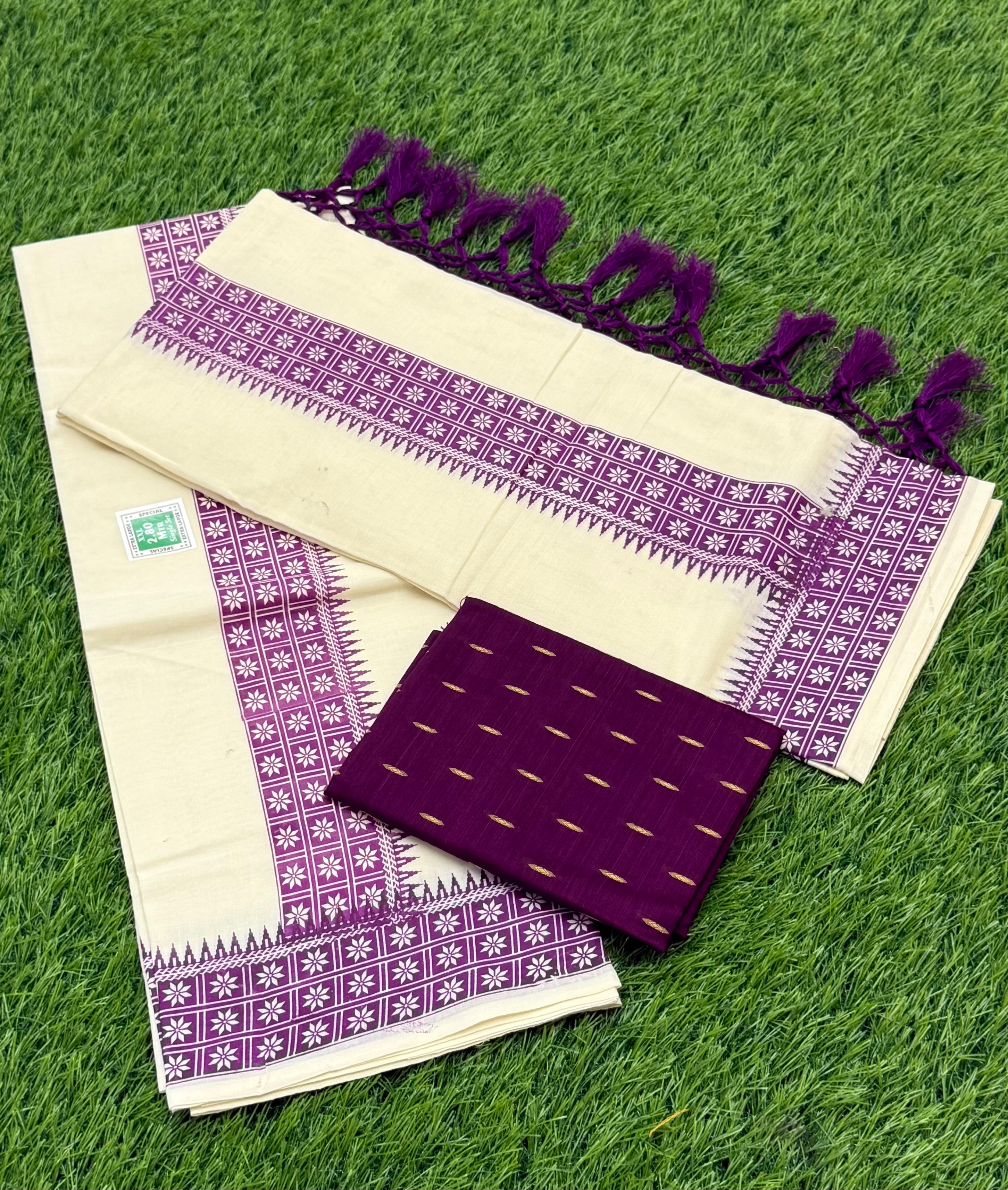 FANCY PRINTED SINGLE SET MUNDU (MUNDUM NERIYATHUM) WITH BLOUSE PIECE - 2 X 2.80 MTRS