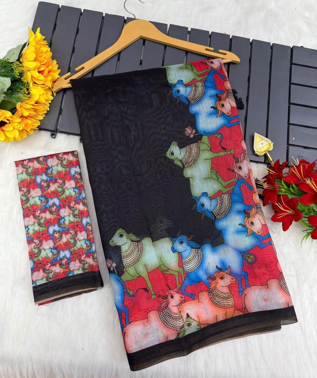 DIGITAL DESIGN CHANDERI SILK SAREE - BLACK