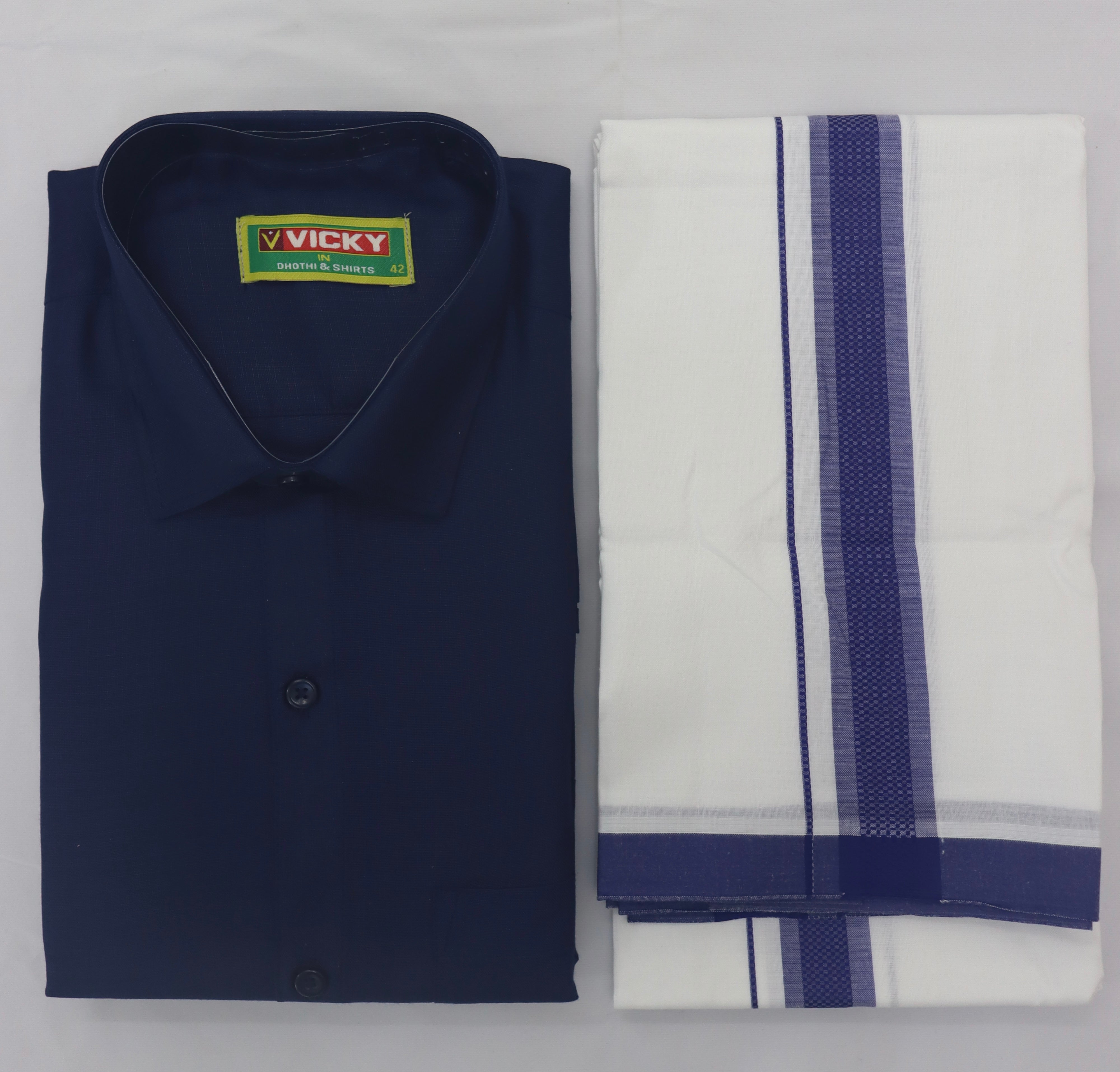 MEN'S MATCHING FANCY BORDER SINGLE DHOTI & SHIRT SET - NAVY BLUE