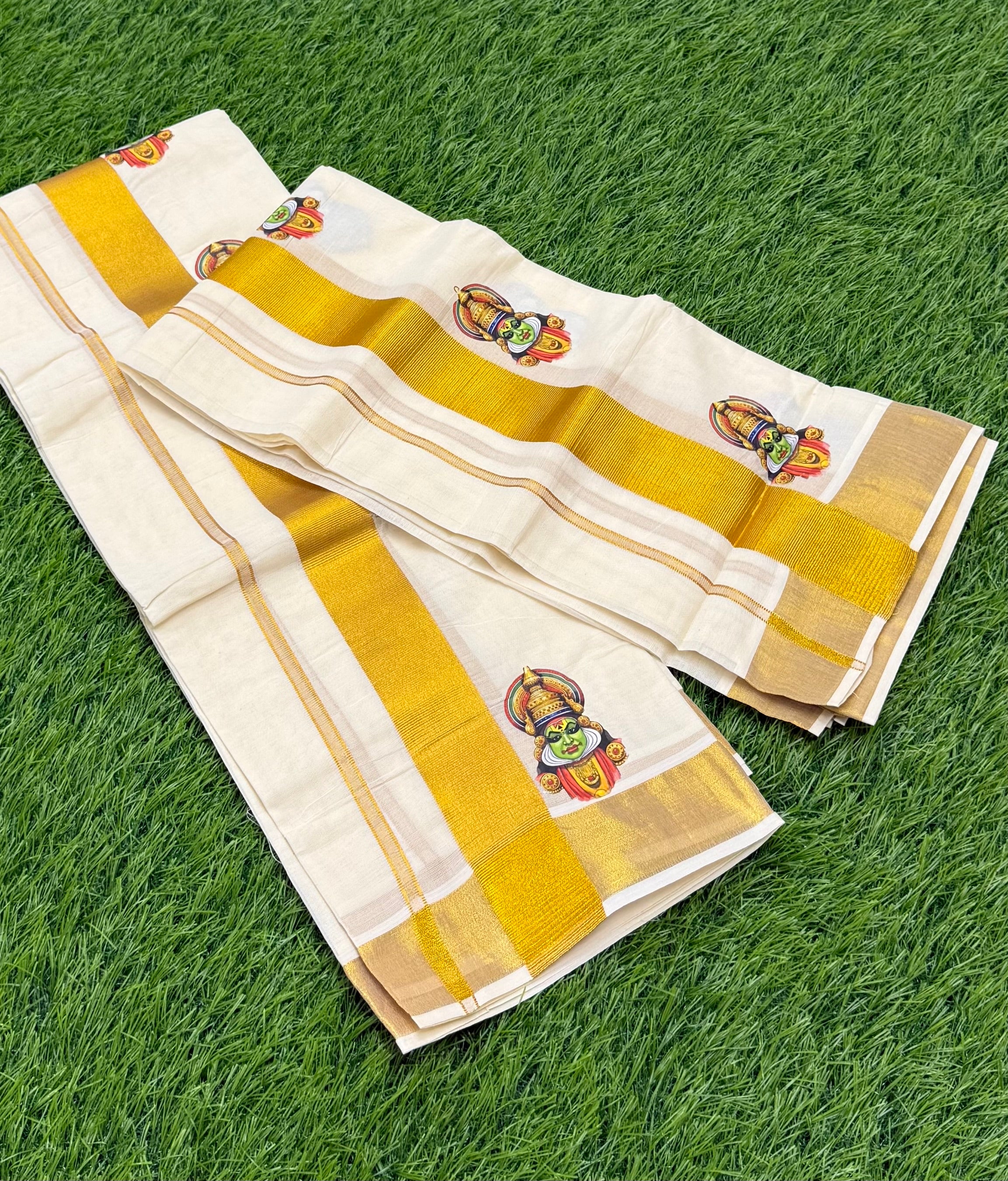 KASAVU COTTON KATHAKALI SINGLE SET MUNDU (MUNDUM NERIYATHUM) - 2 X 2.50 MTRS - (OFF WHITE,GOLD)