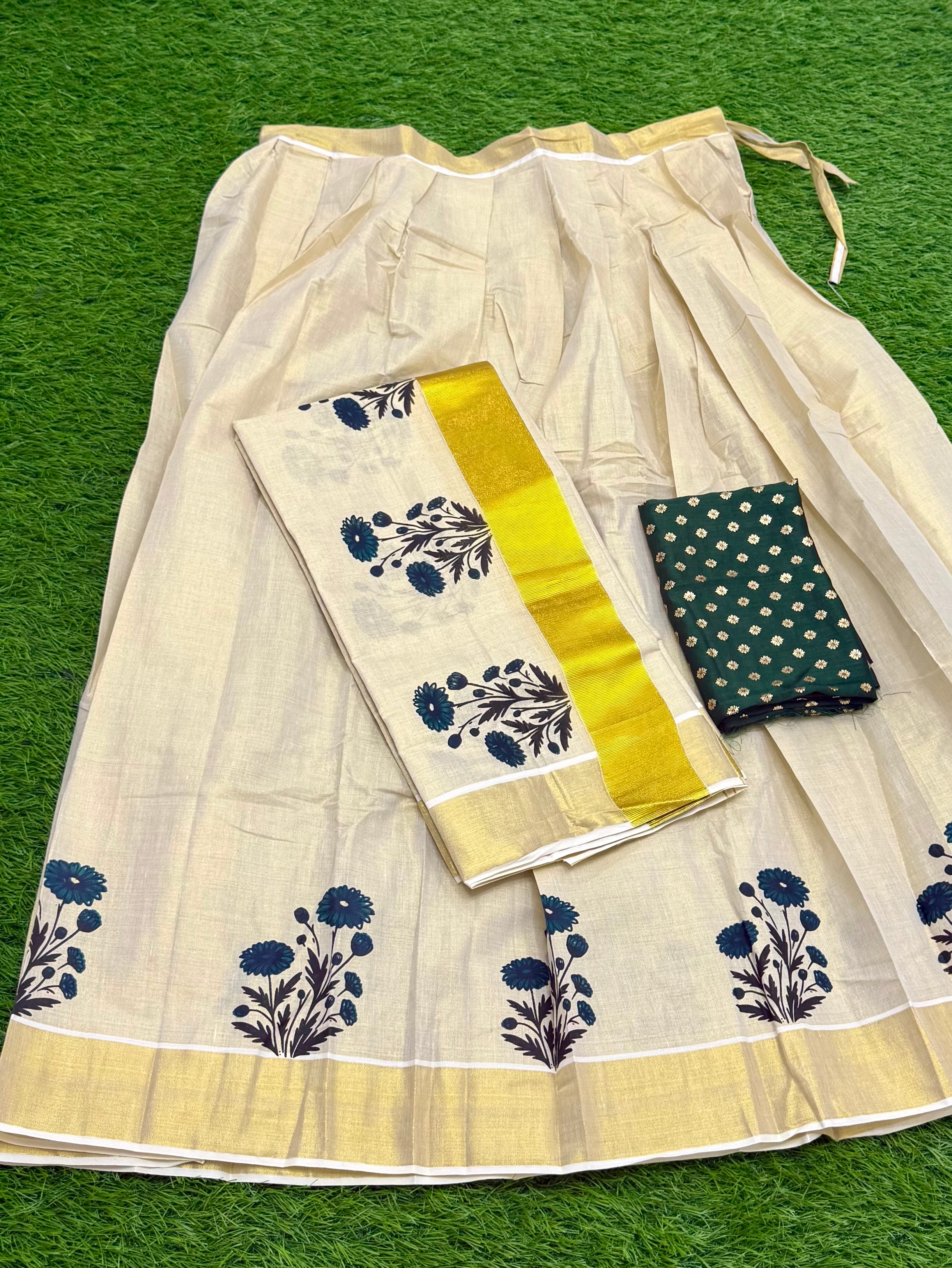 TRADITIONAL ONAM SPECIAL KERALA KASAVU DHAVANI SET - GREEN