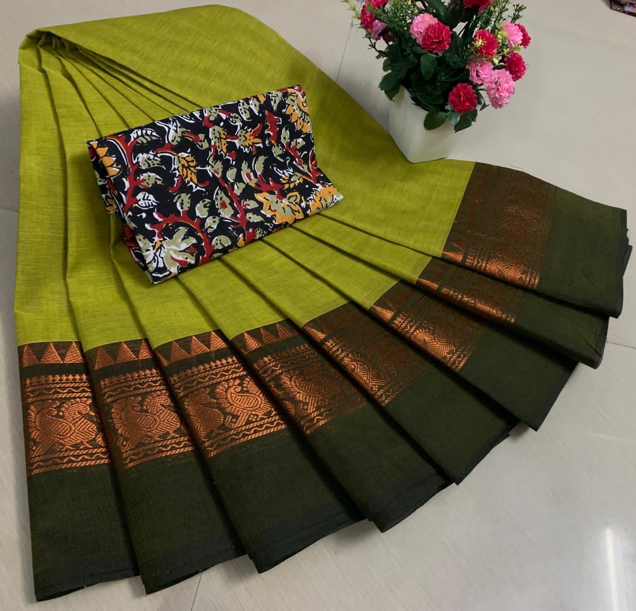 PURE KANCHI HANDLOOM COTTON SAREES - CHARTREUSE GREEN
