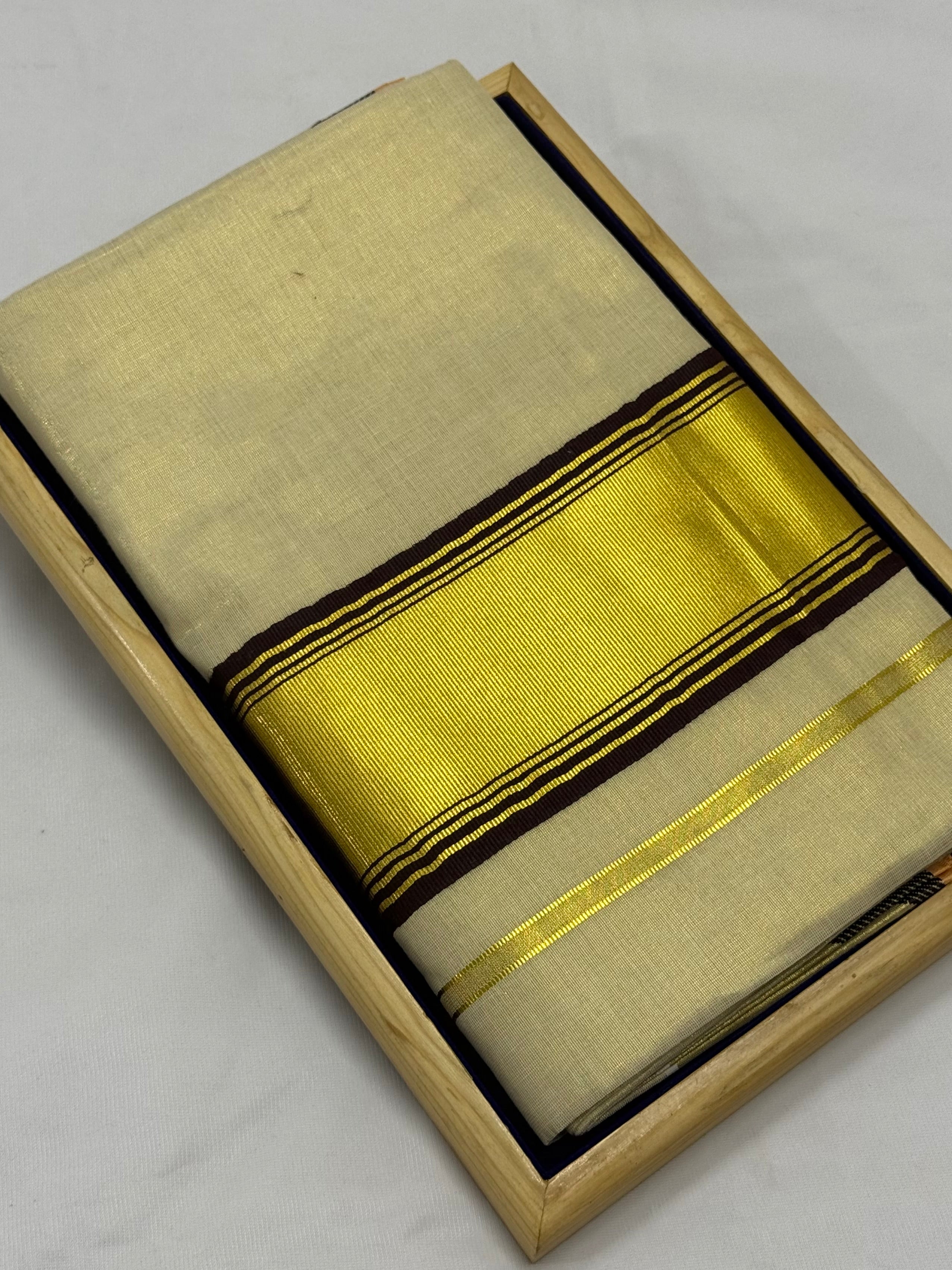 TRADITIONAL KERALA KASAVU TISSUE SAREE - (CREAM,GOLD,BROWN)