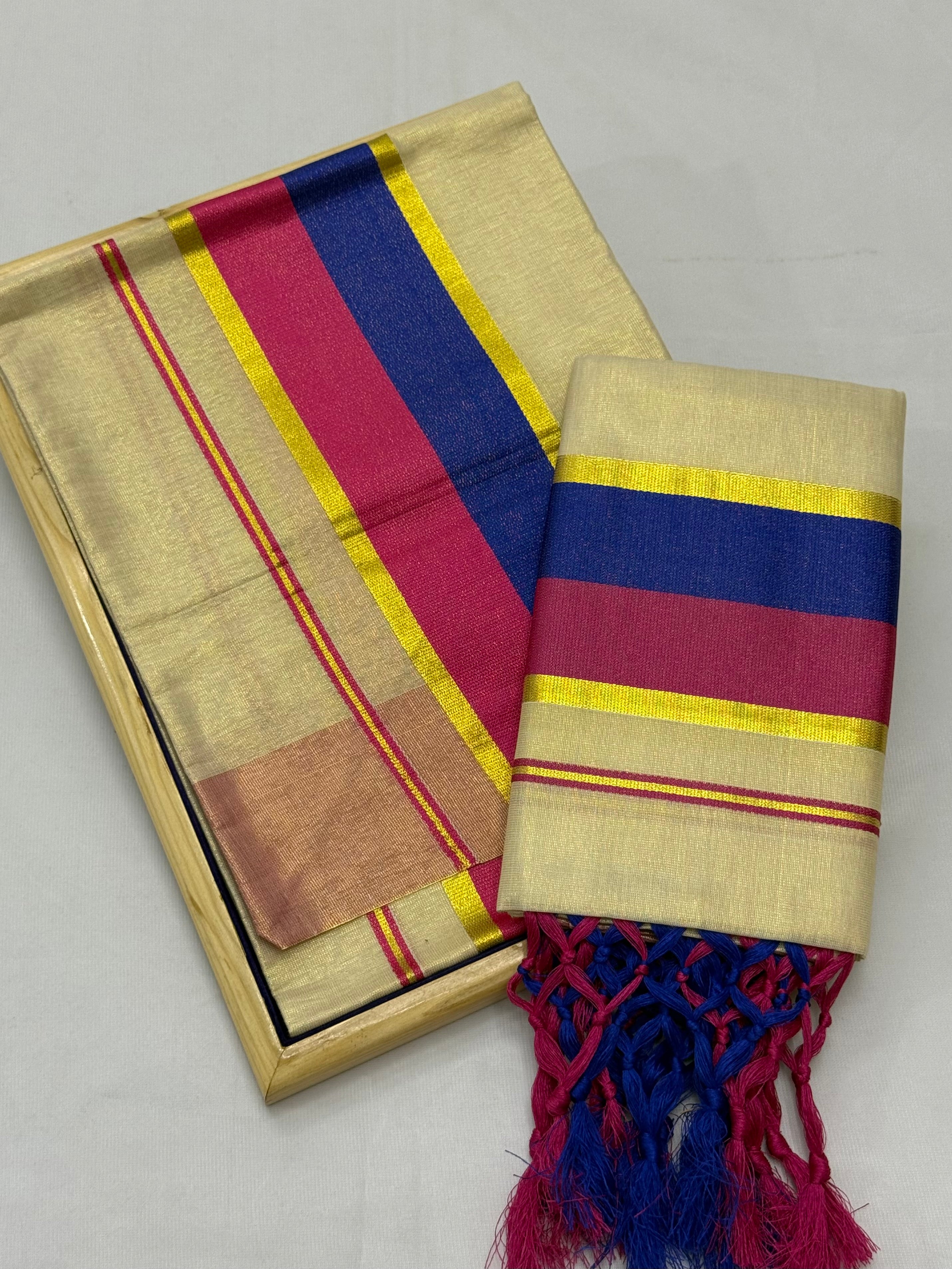 TISSUE SINGLE SET MUNDU (MUNDUM NERIYATHUM) WITH KARA BORDER - 2 X 2.80 MTRS - (CREAM,MULTI)