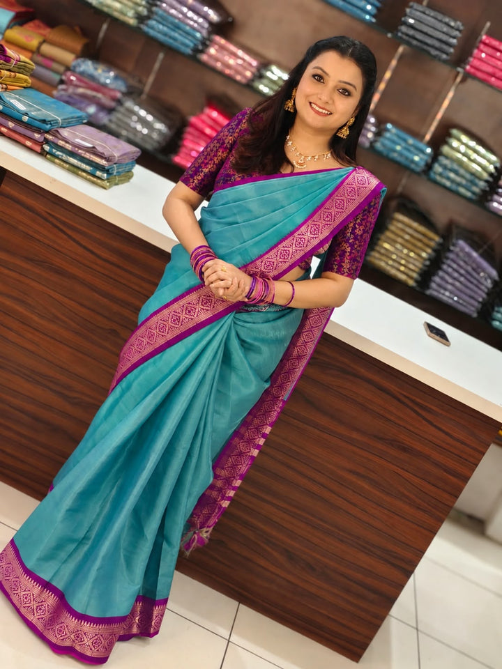 SILK COTTON AND TISSUE MIX SOLID SAREE - TEAL
