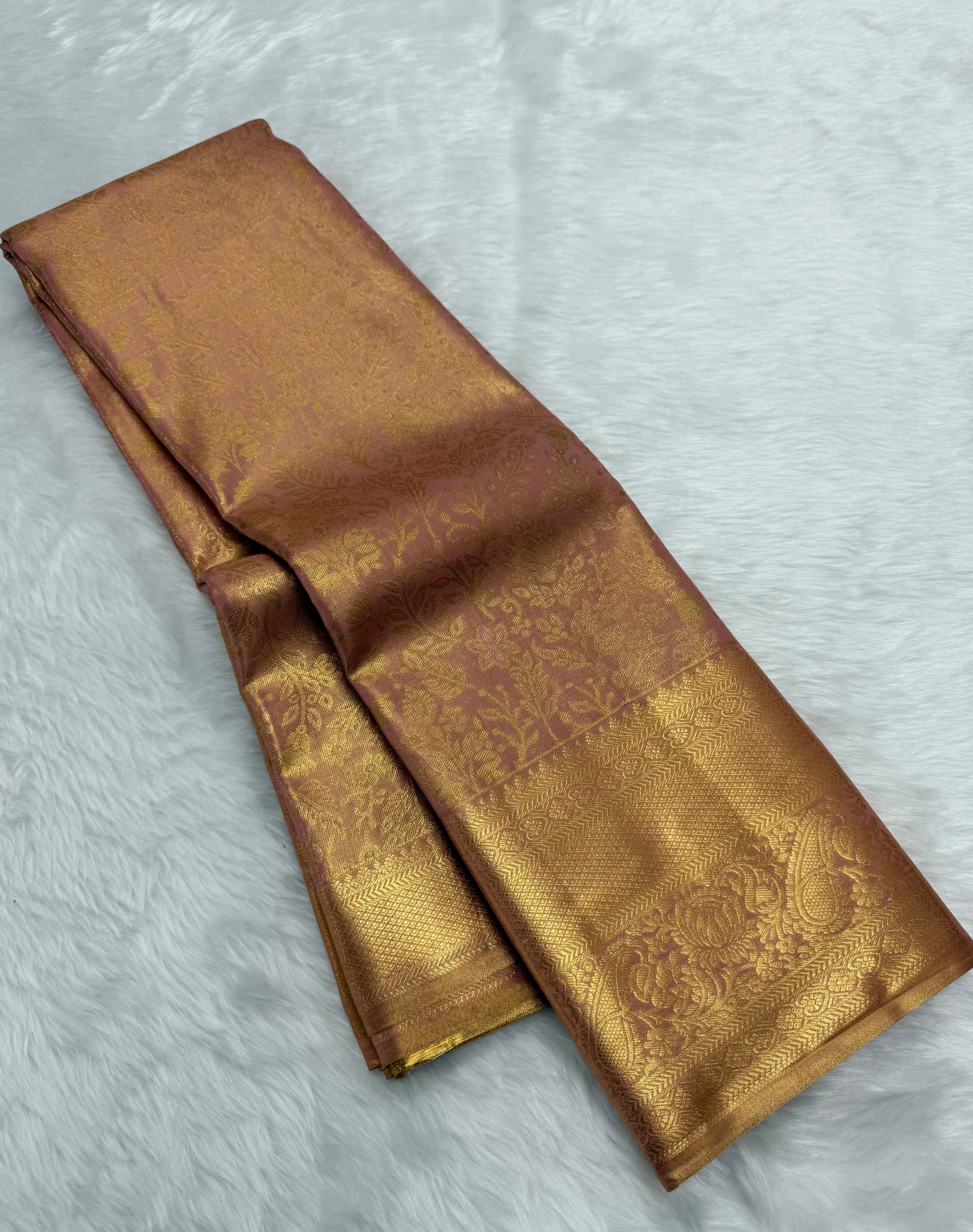 PREMIUM KANCHI TISSUE SILK SAREE - GOLD & FLAMINGO