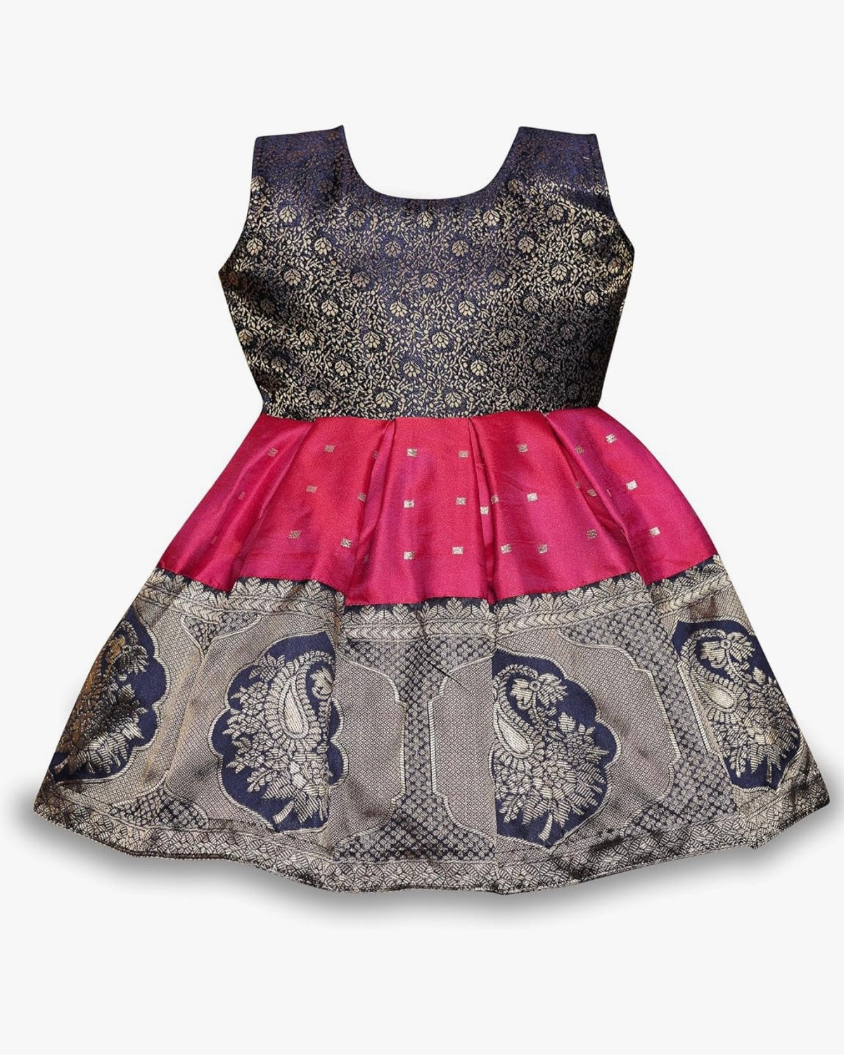 TRADITIONAL PATTU PAVADAI JACQUARD FROCK DRESS FOR BABY GIRL - PINK & BLUE