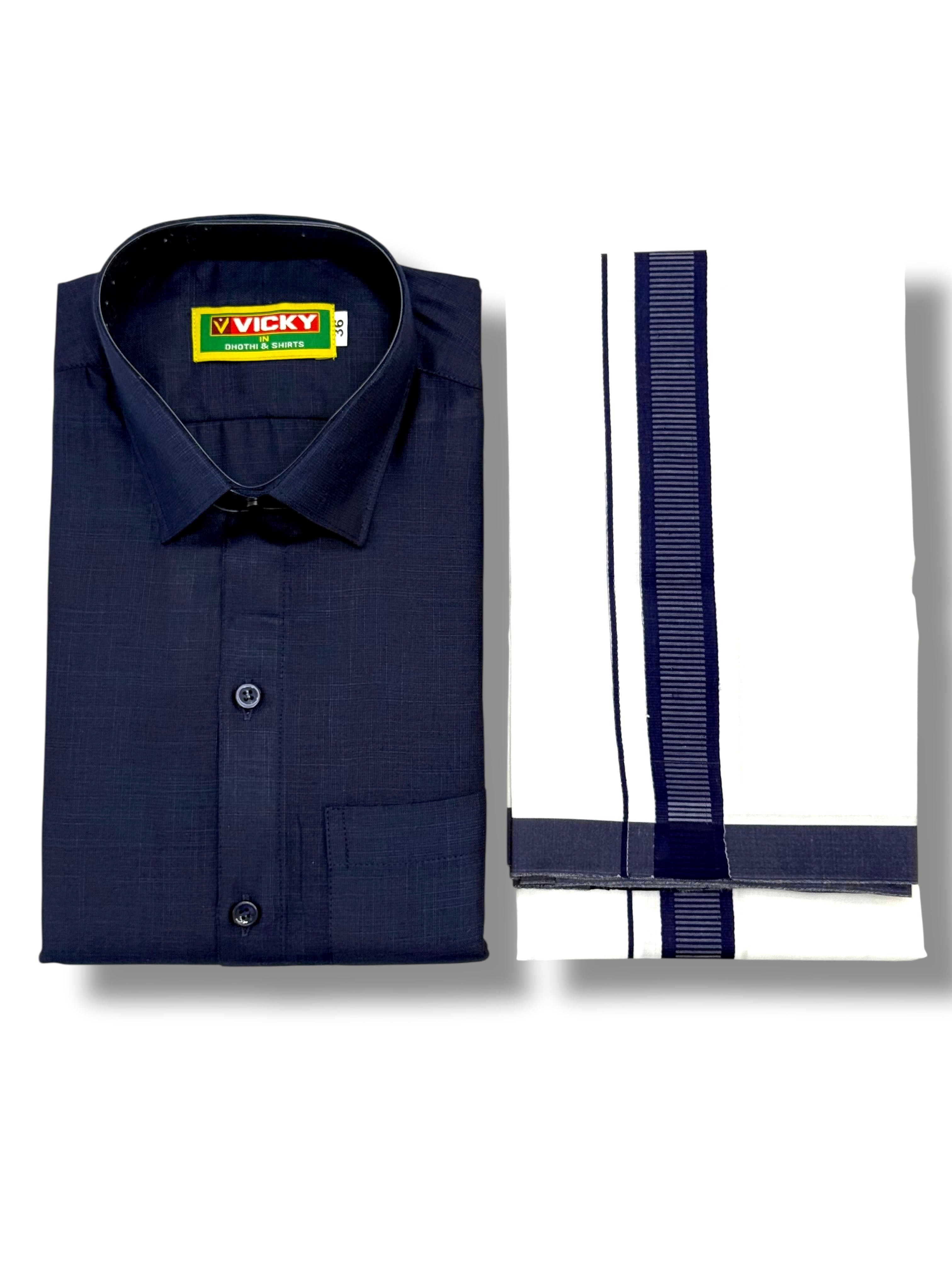 MEN'S MATCHING FANCY BORDER SINGLE DHOTI & SHIRT SET - NAVY BLUE