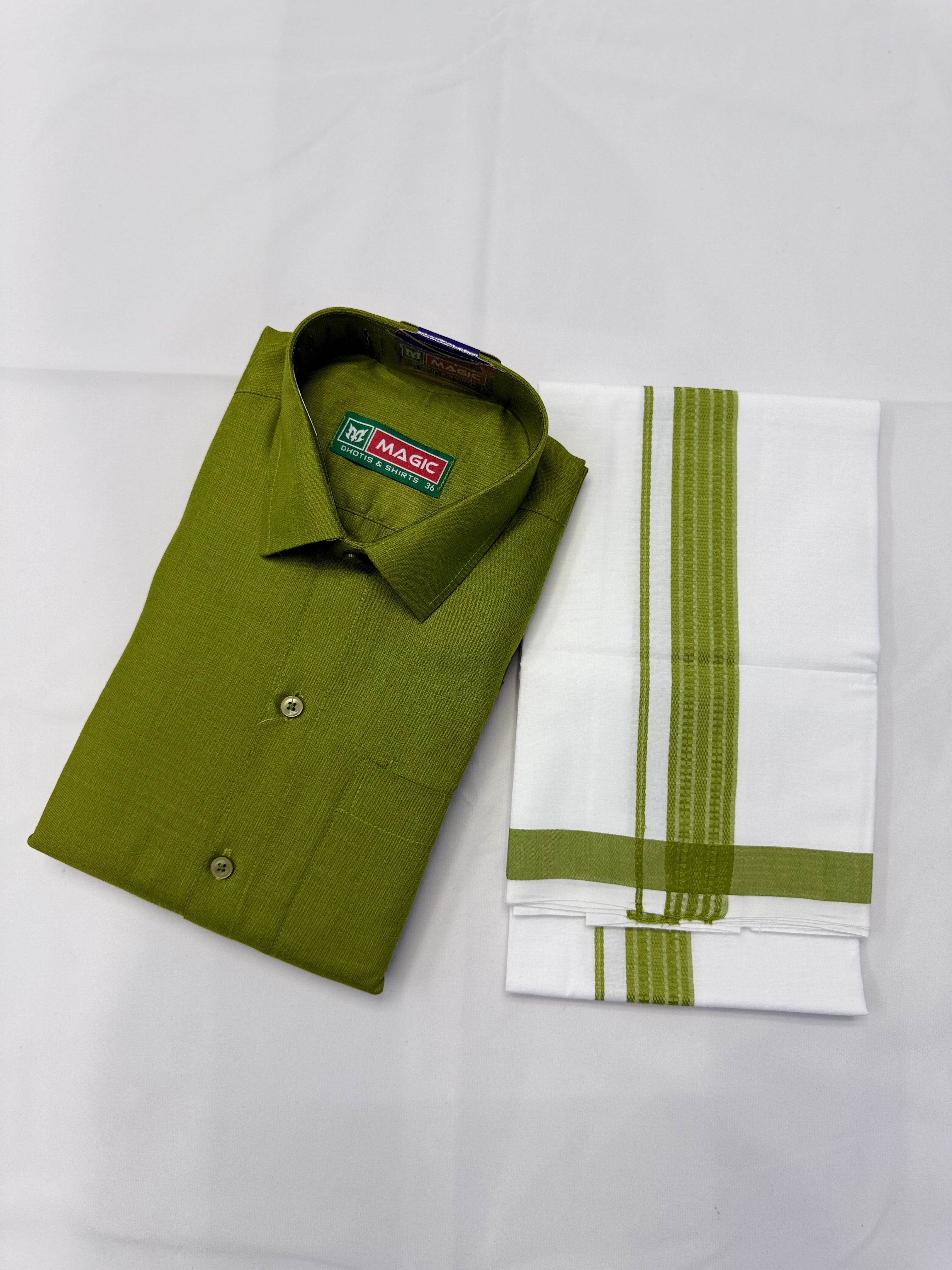 MEN'S MATCHING FANCY BORDER SINGLE DHOTI & SHIRT SET - OLIVE GREEN