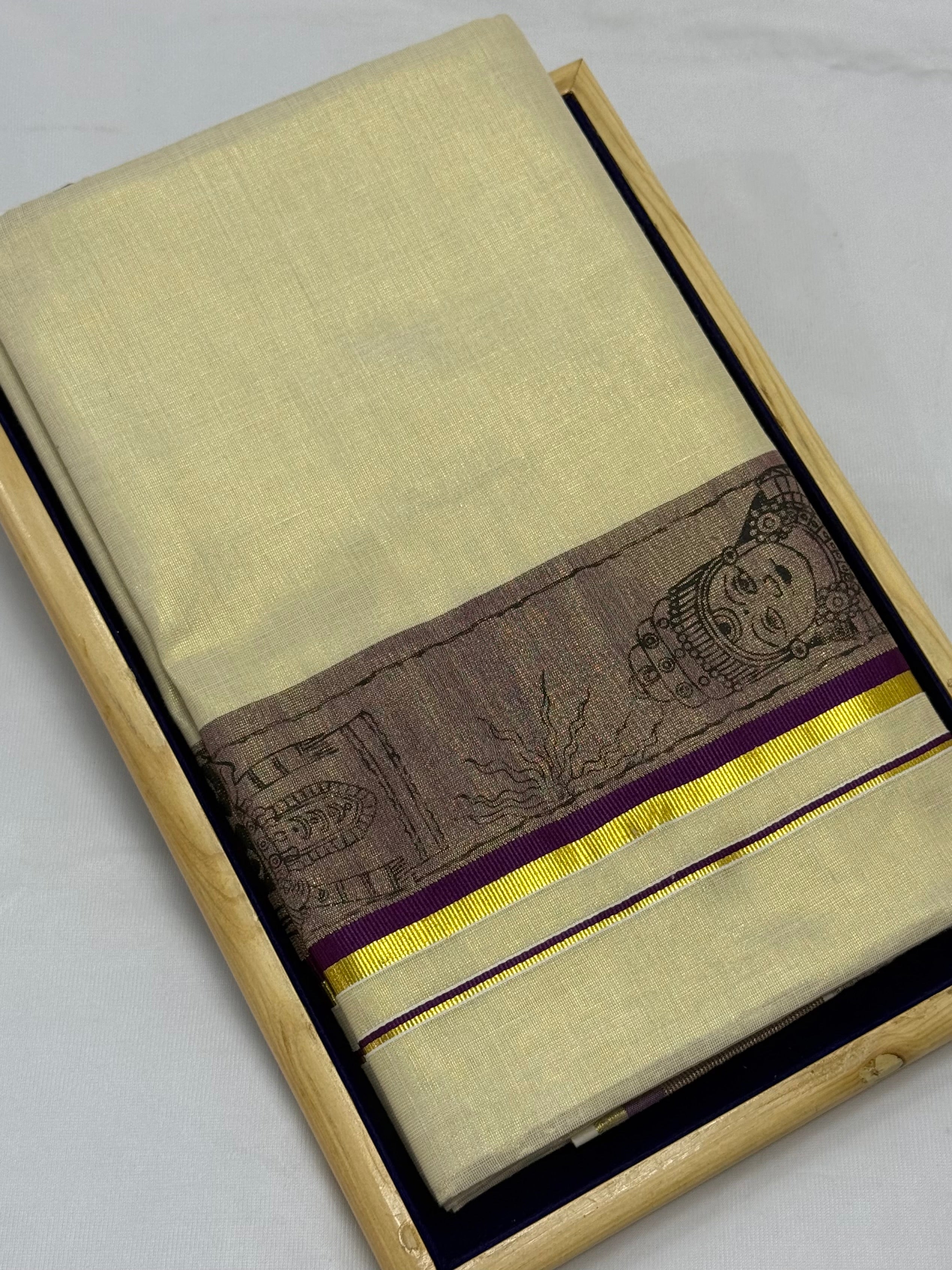 TRADITIONAL ART KASAVU TISSUE KERALA SAREE (GOLD,CREAM,VIOLET)