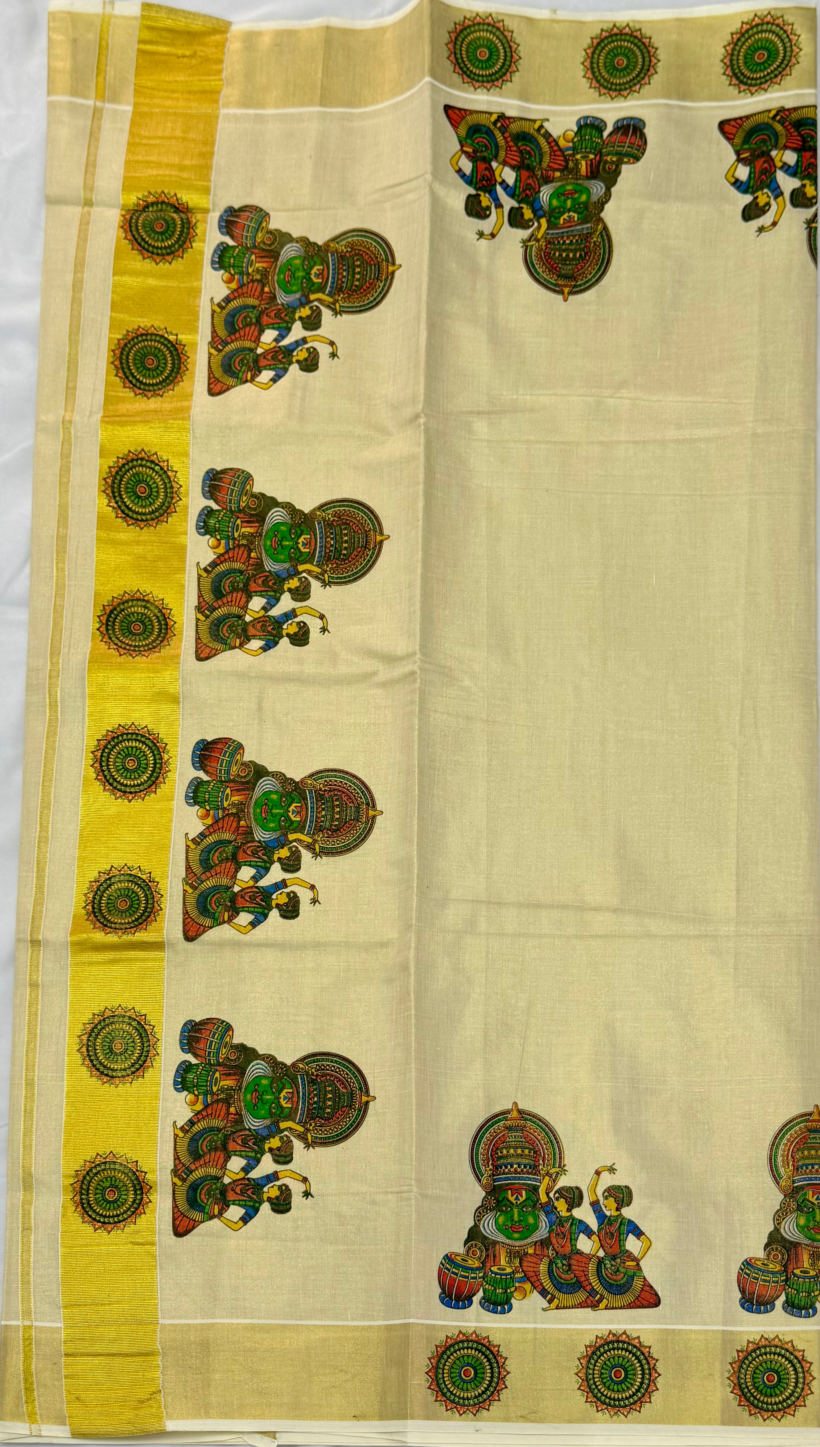 MURAL ART KASAVU TISSUE KERALA SAREE (GOLD,CREAM)
