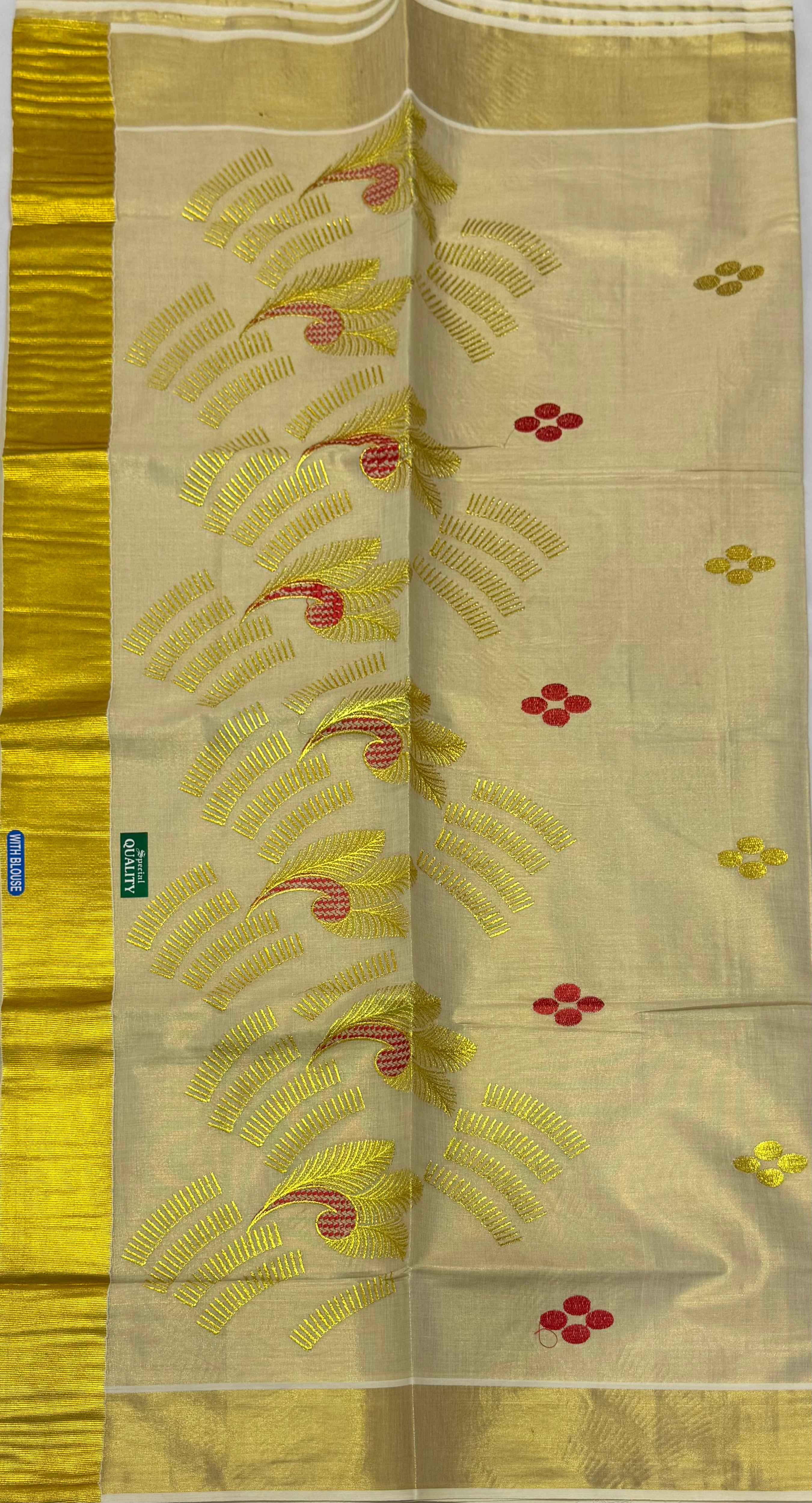 KERALA KASAVU TISSUE SILK EMBROIDERY SAREE - (GOLD,CREAM)