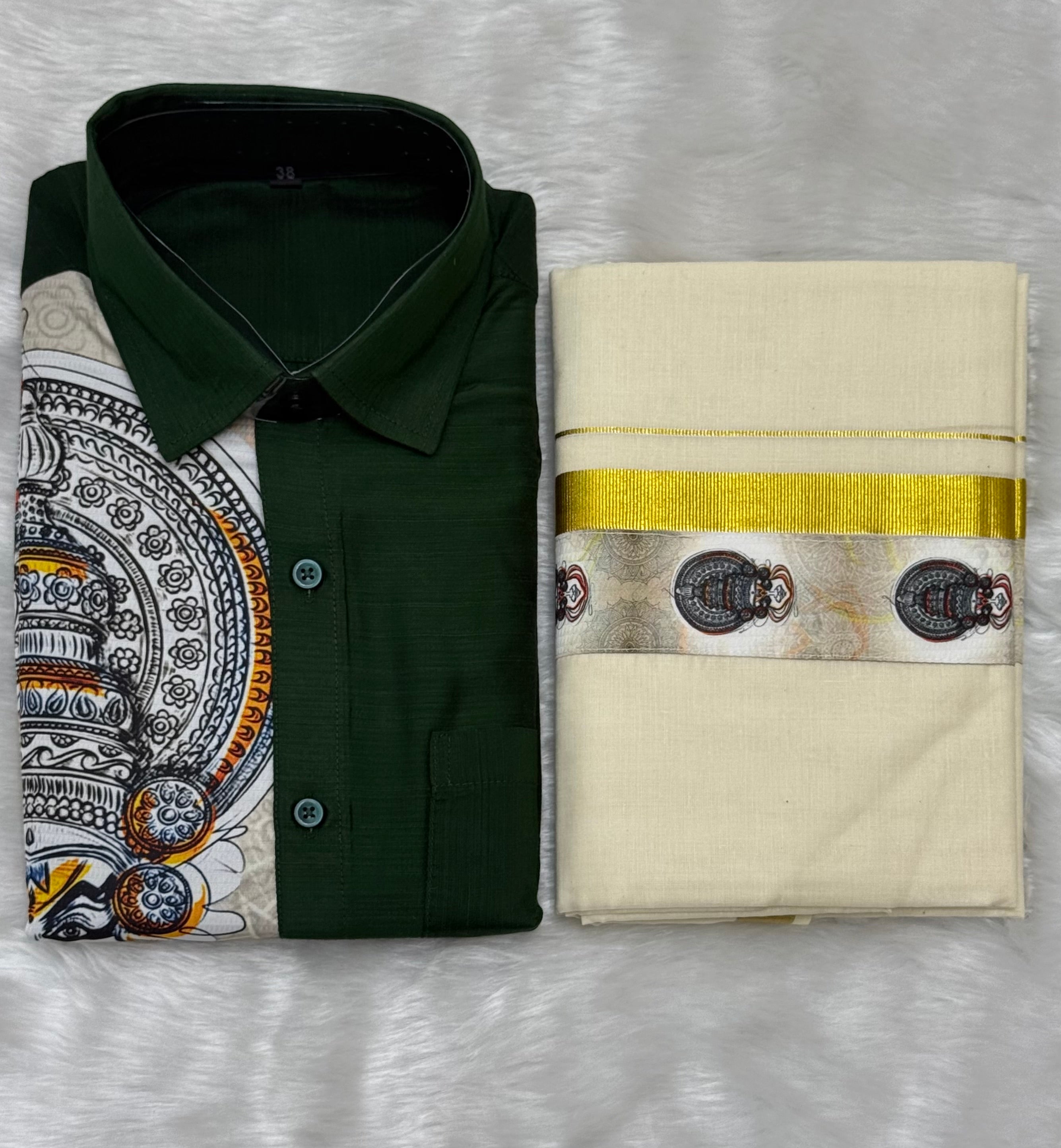 KADHAKALI HALF & HALF PRINTED SHIRT AND CREAM MUNDU COMBO - EMERALD GREEN