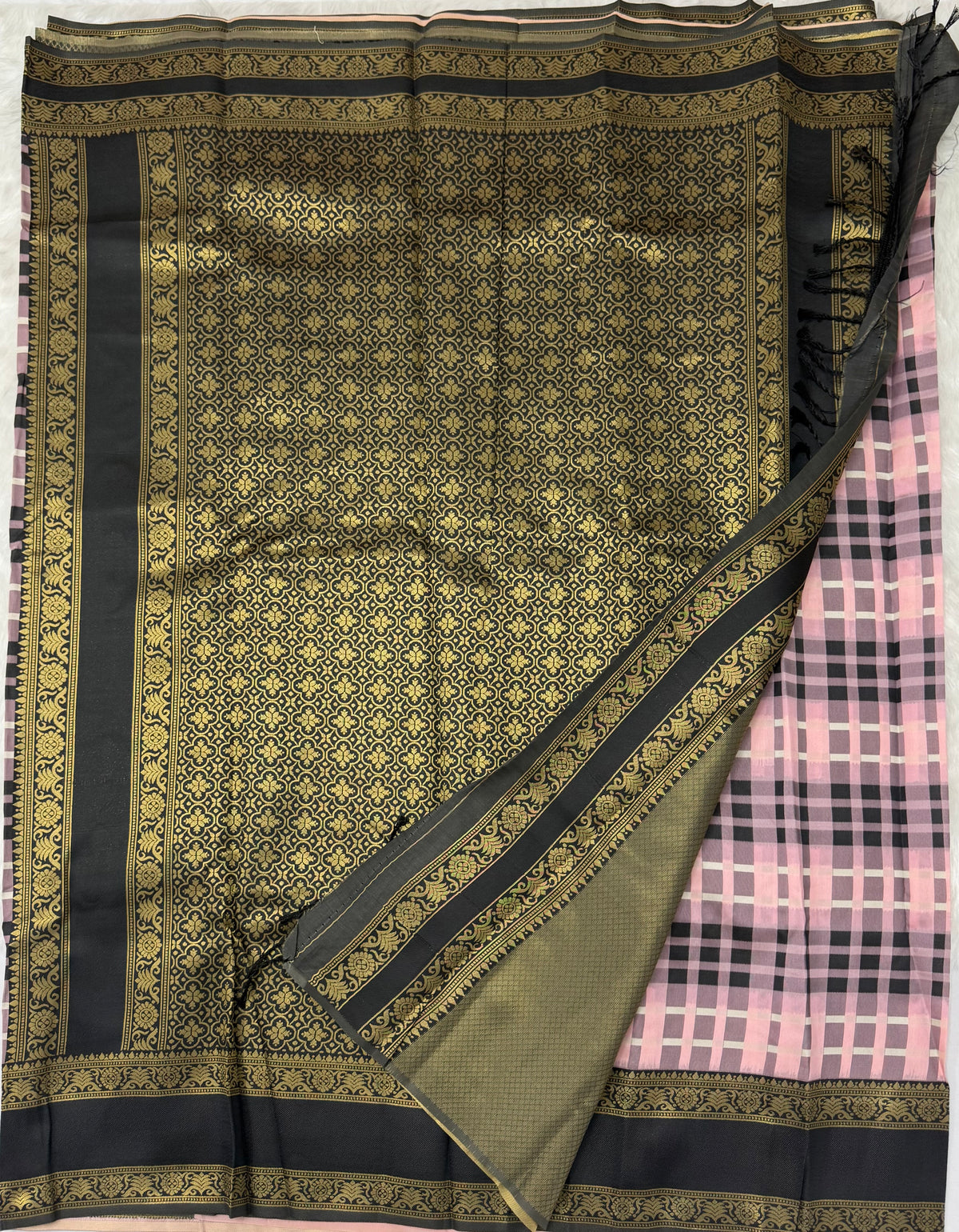 SEMI SILK BURBERRY CHECKS SAREE WITH BLOUSE - MULTI COLOUR