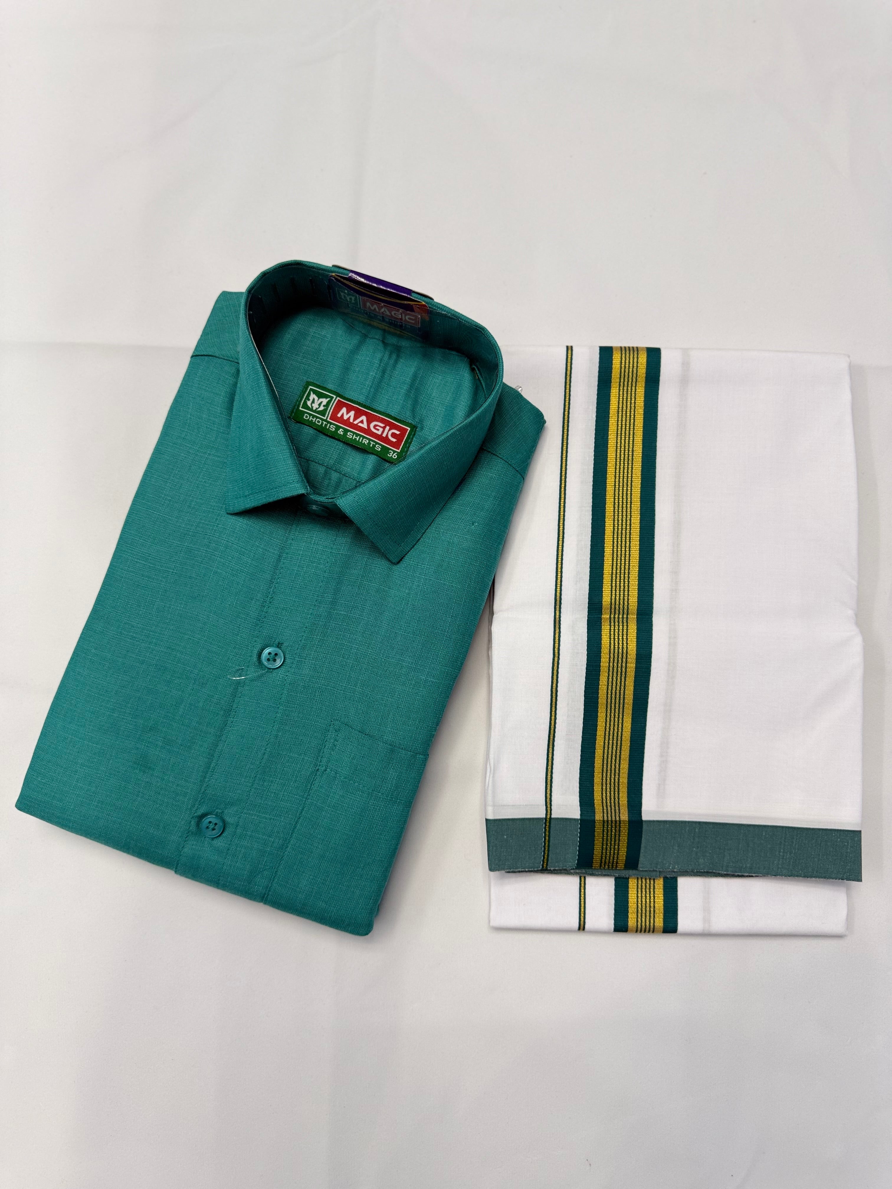 MEN'S MATCHING FANCY BORDER SINGLE DHOTI & SHIRT SET - TEAL