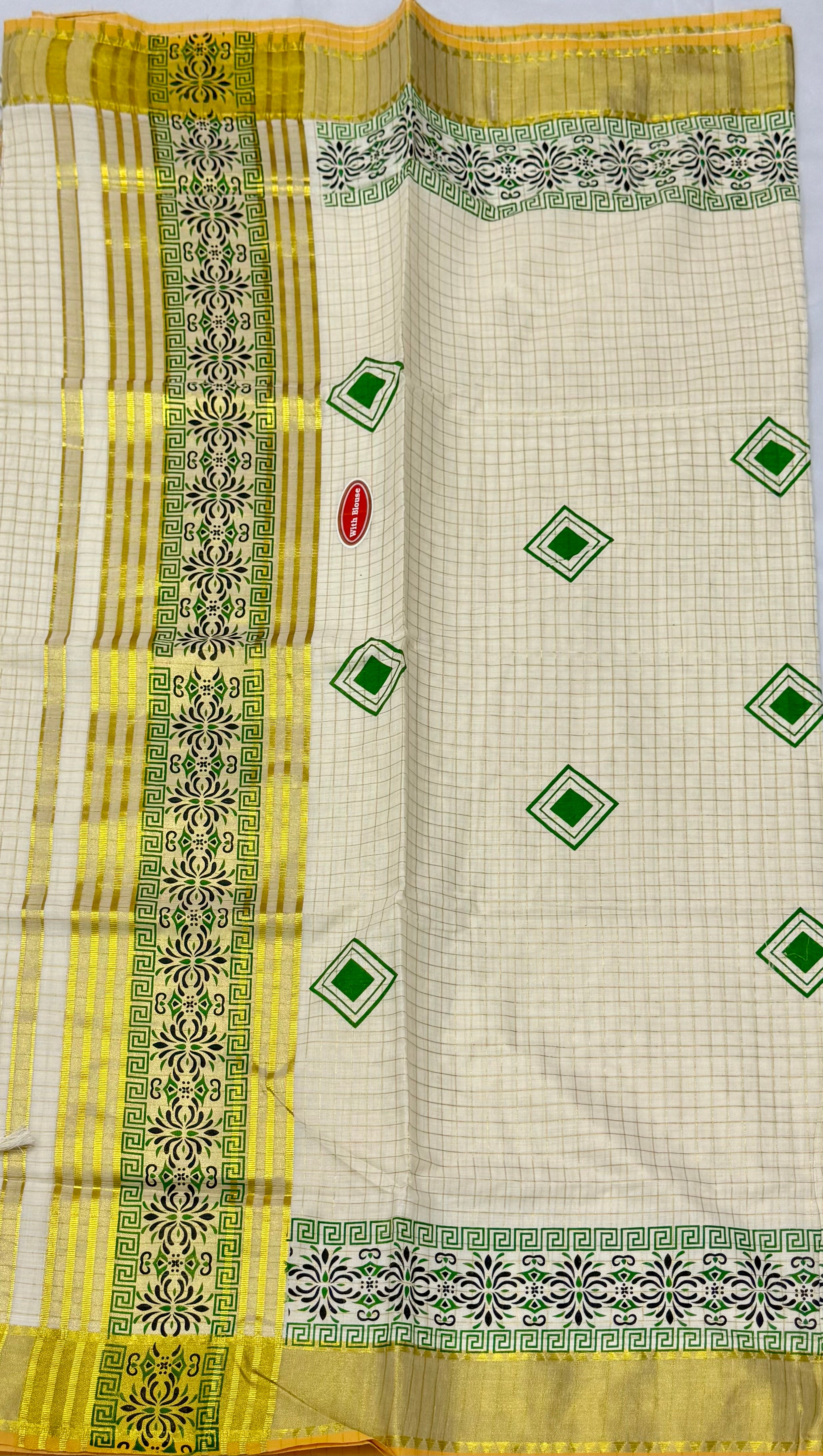 TRADITIONAL PRINTED KASAVU TISSUE CHECKED SAREE (OFF WHITE,GOLD,GREEN)