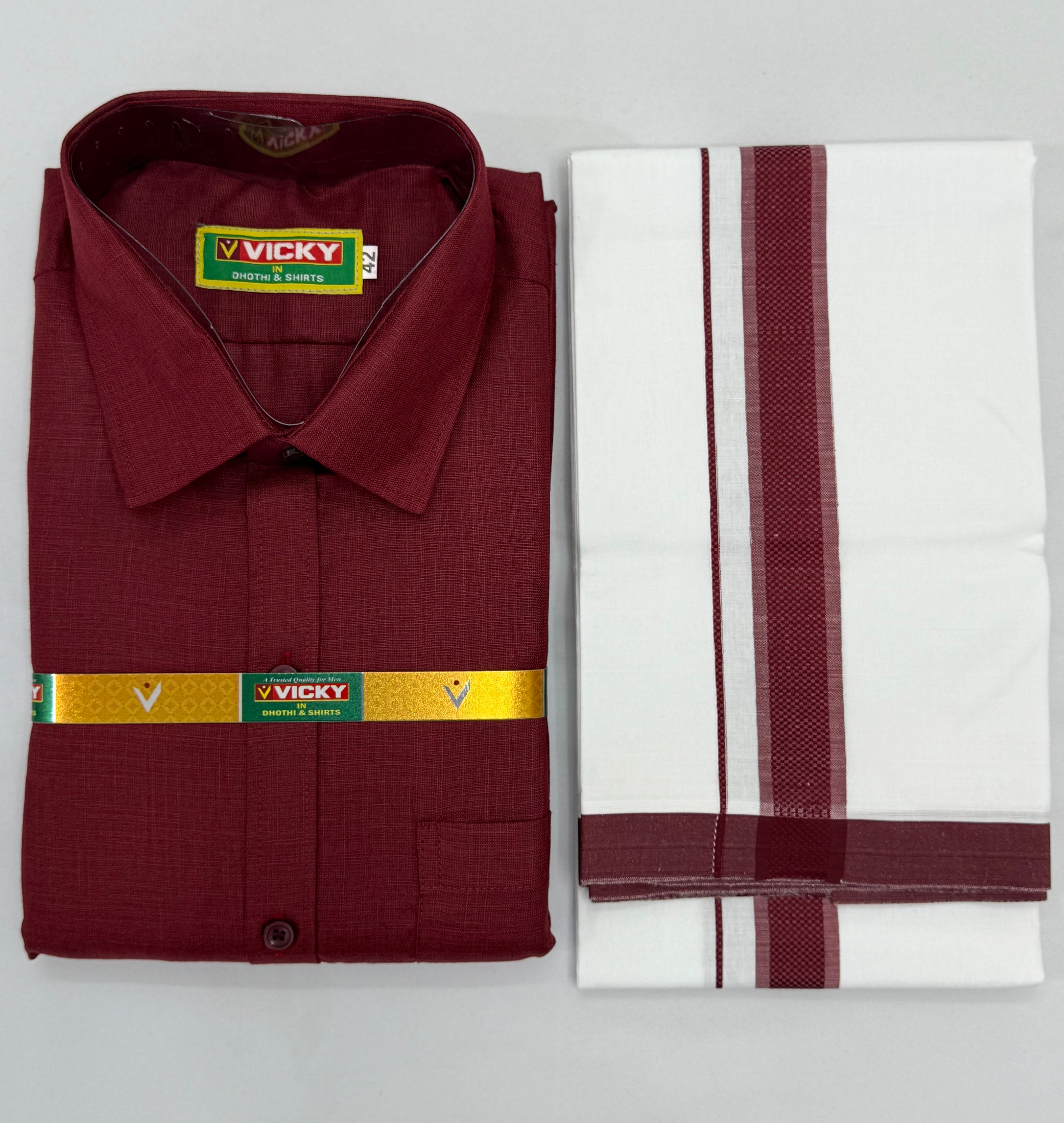 MEN'S MATCHING FANCY BORDER SINGLE DHOTI & SHIRT SET - MAROON