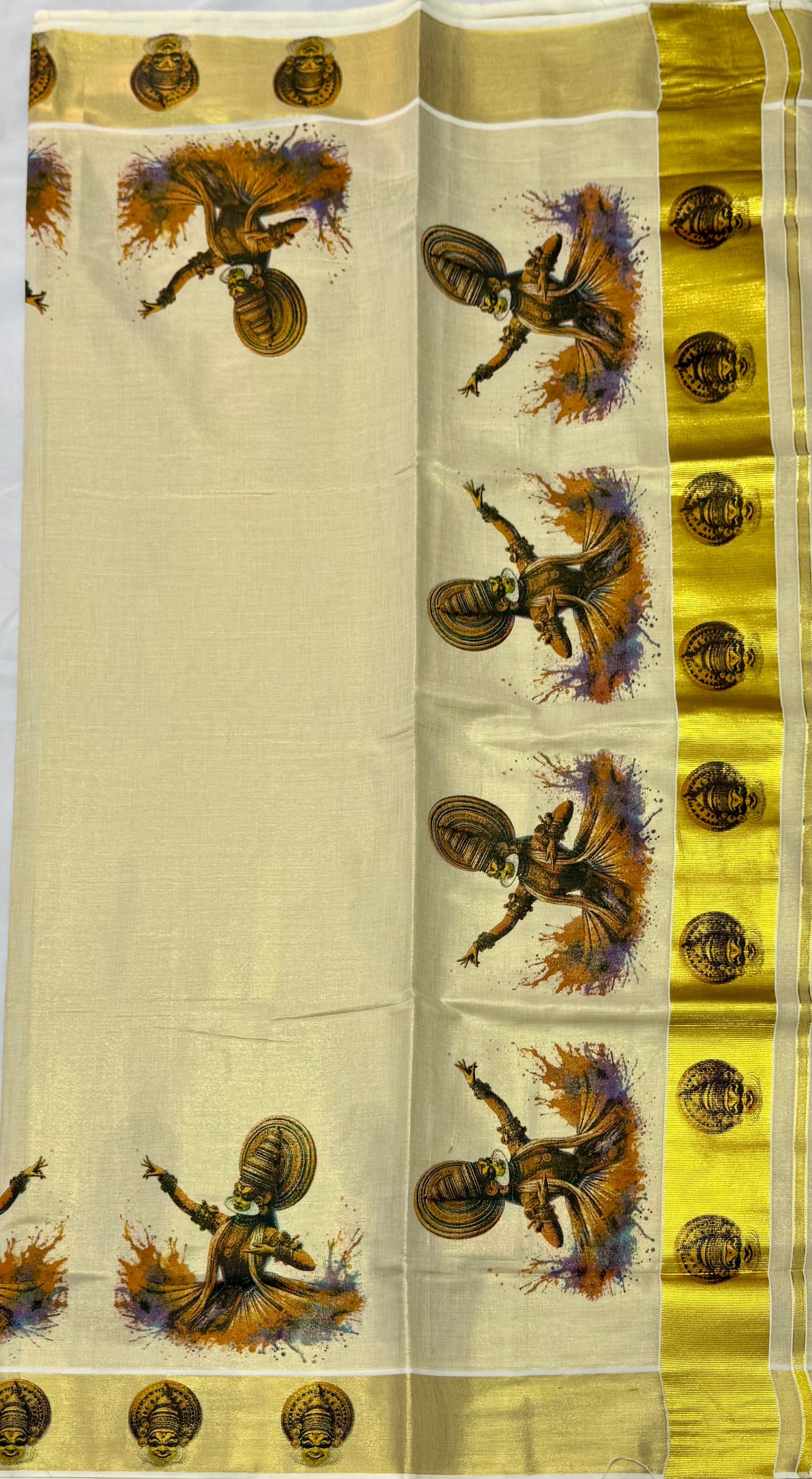 MURAL ART KASAVU TISSUE KERALA SAREE (GOLD,CREAM)
