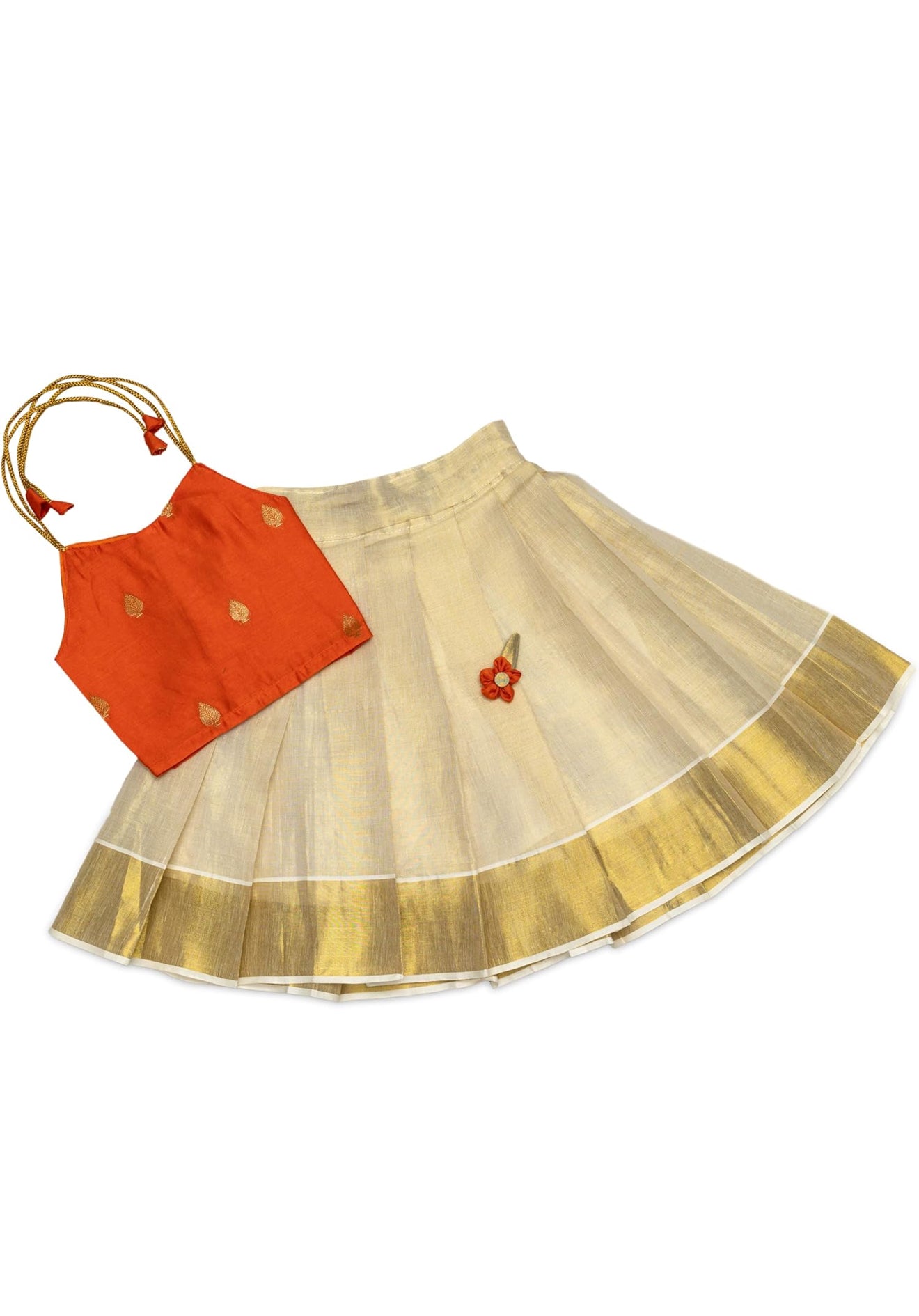 BABY GIRL PATTU PAVADAI WITH HAIR CLIP - ORANGE & CREAM