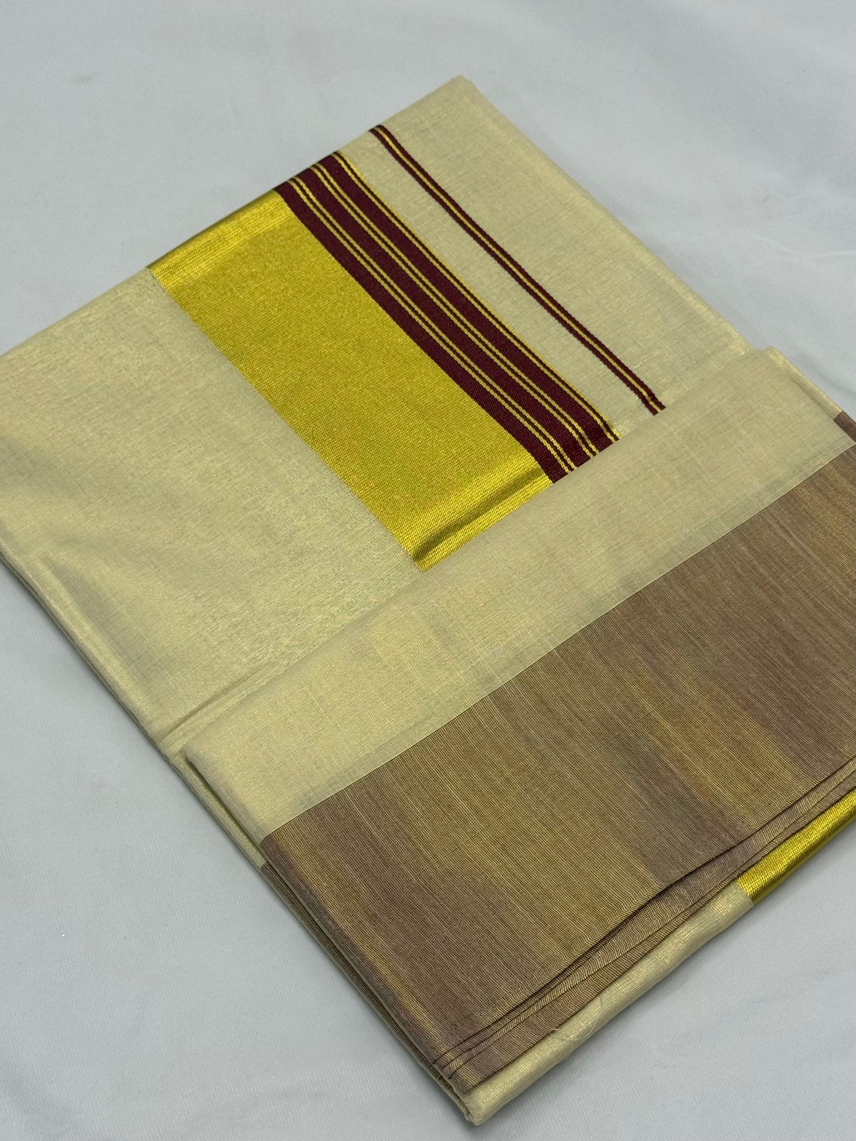 PREMIUM KERALA KASAVU TISSUE STRIPES SAREE - (CREAM,GOLD,MAROON)