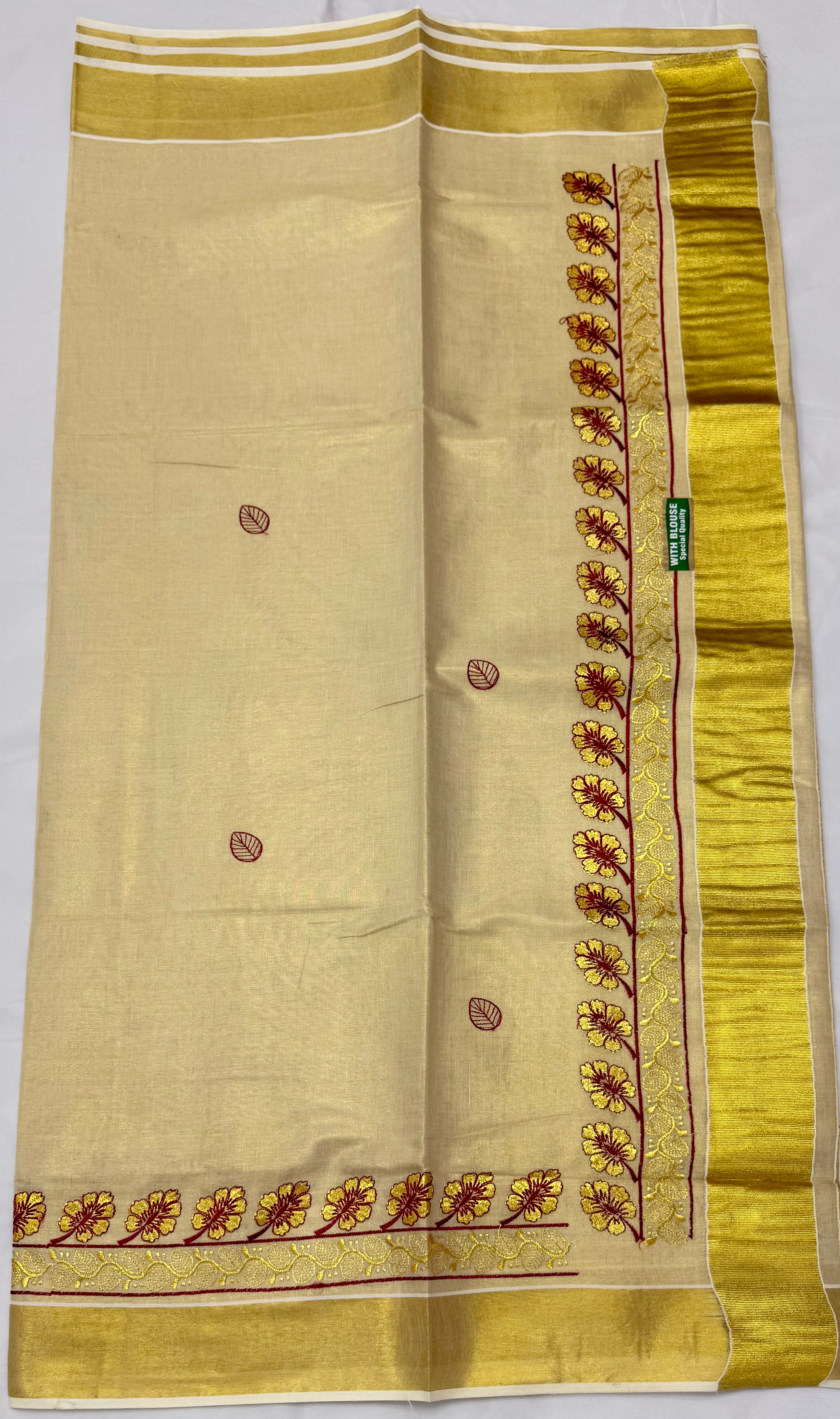 KERALA KASAVU TISSUE SILK EMBROIDERY SAREE - (GOLD,CREAM)
