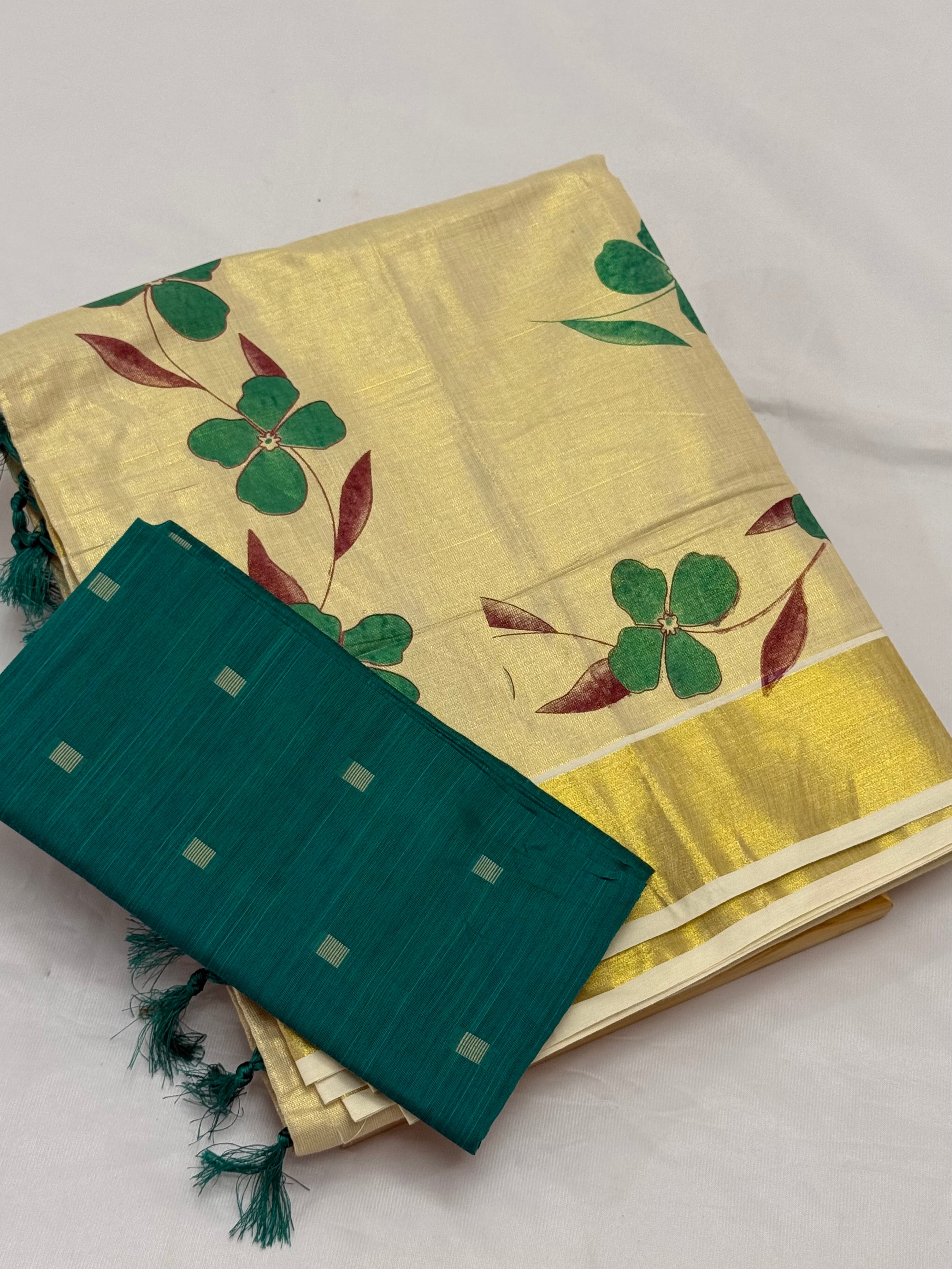 FLORAL PRINTED KASAVU TISSUE SAREE WITH BLOUSE PIECE 1M - (GOLD,CREAM,TEAL)