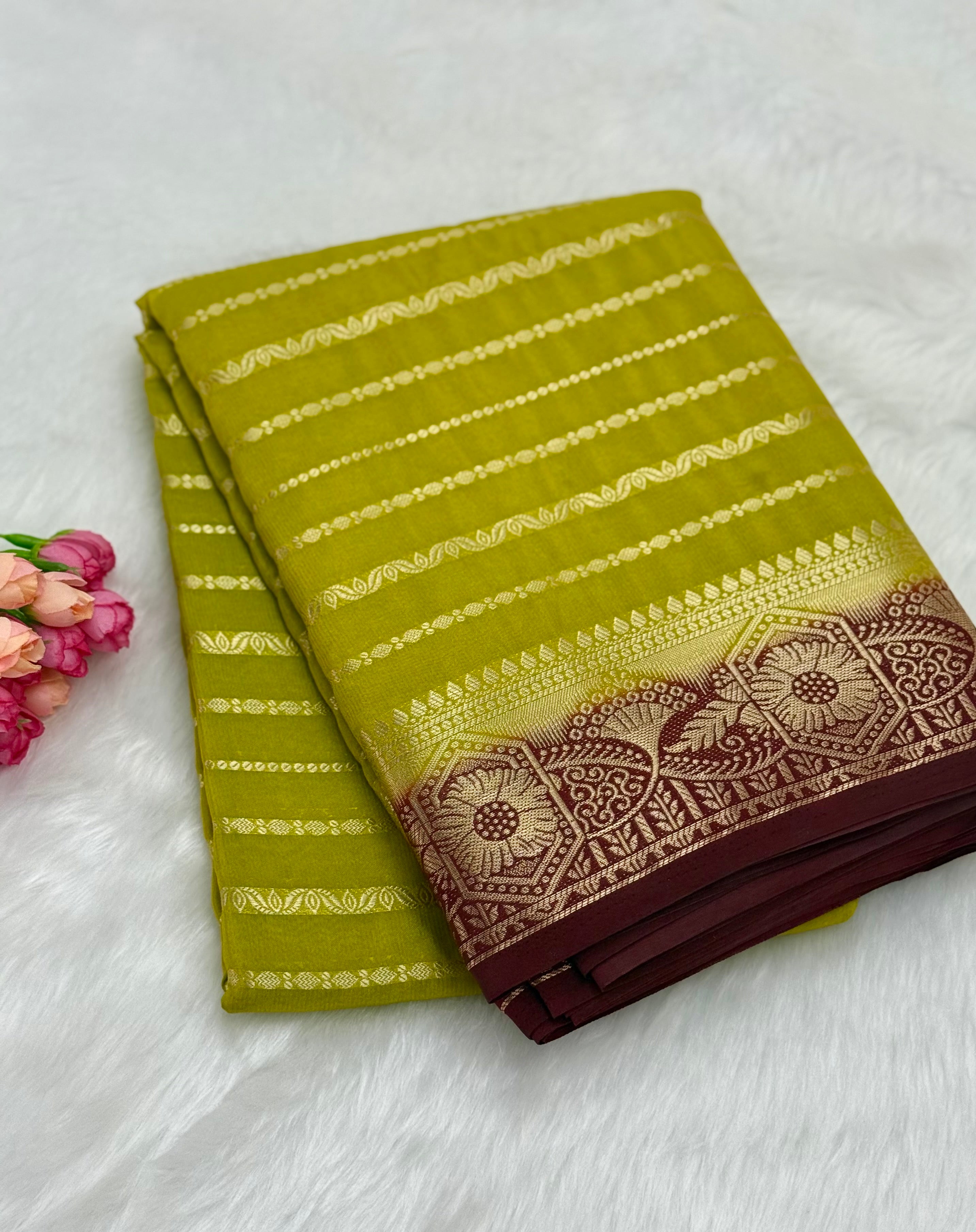 PREMIUM SEMI MYSORE SILK SAREE - OLIVE GREEN