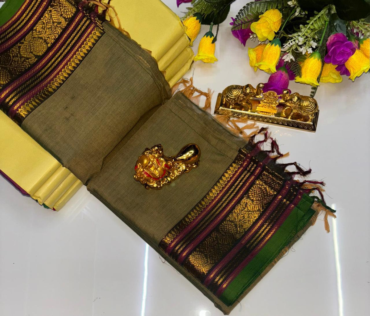 PURE KANCHI COTTON SAREES - KHAKI GREEN
