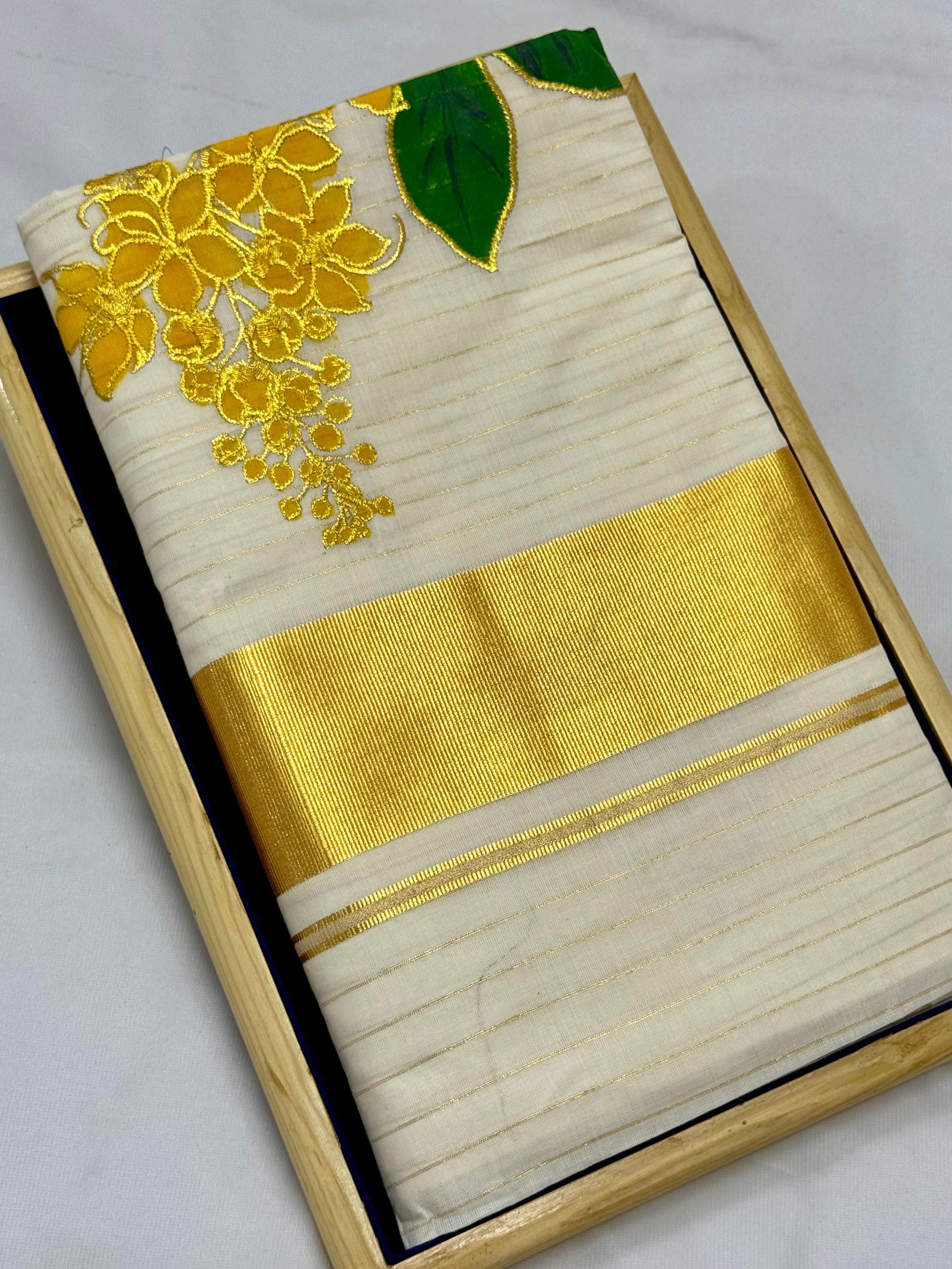 KERALA KASAVU COTTON EMBROIDERY SAREE - (OFF WHITE,GOLD)